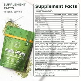 Primal Harvest Super Greens Powder, 30 Servings w/+50 Greens Superfood Chlorella, Probiotics, Green Tea, Wheatgrass, Kale, Turmeric for Energy,Primal Greens