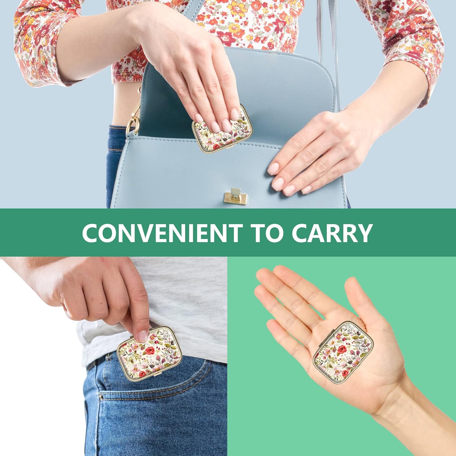Pill Case Pill Box with Mirror Retro 2 Compartment Small Pill Case for Purse or Pocket Bronze Rectangular Pill Box or Vitamins, Fish Oil, Supplements, Pill Containe Travel Gifts（Retro Red Flowers）