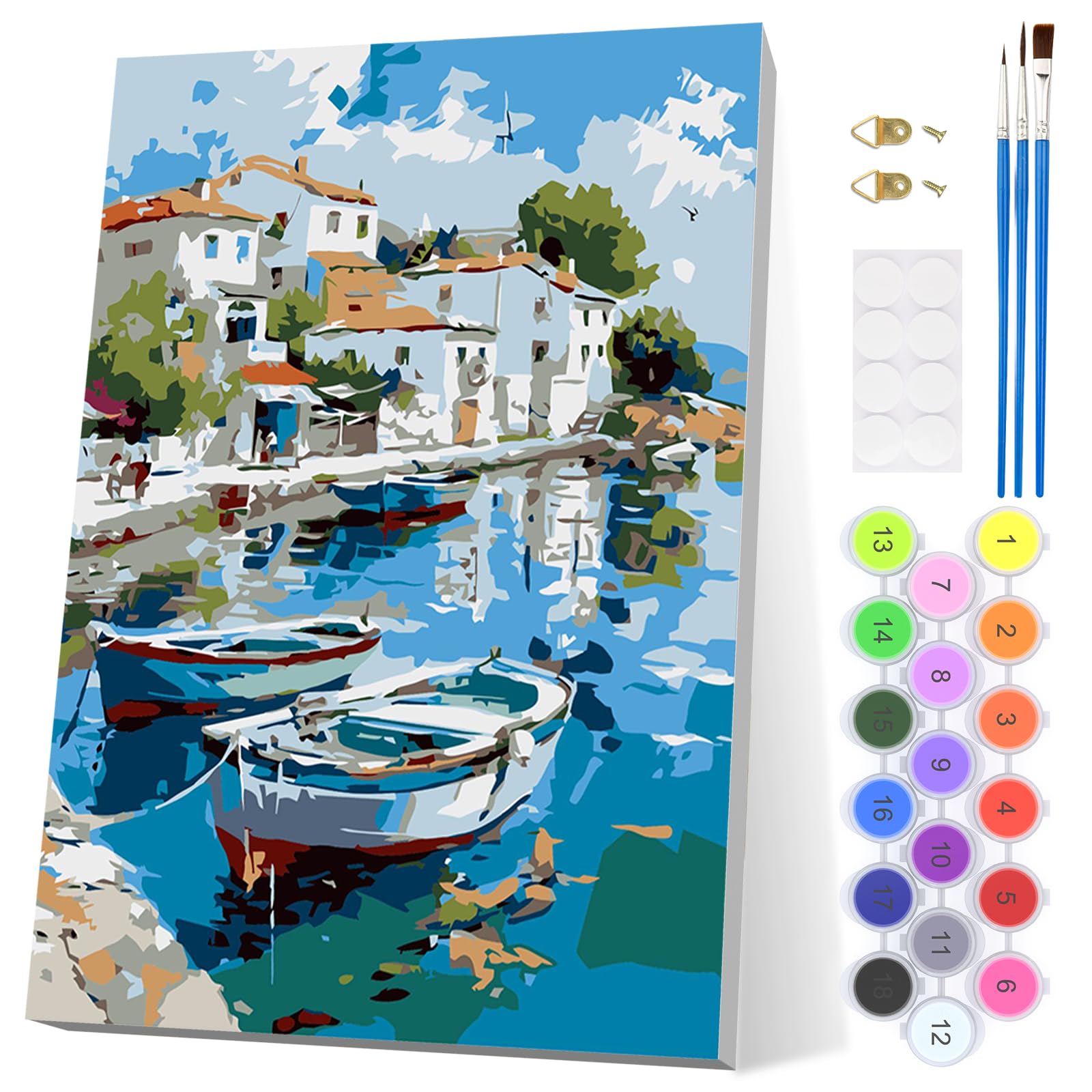 EOBROMD Boats Paint by Numbers for Adults Beginner with Frame, Seaside Town Paint by Numbers Kits, Acrylic Easy Painting by Numbers for Gift Home Wall Decor 8x12in