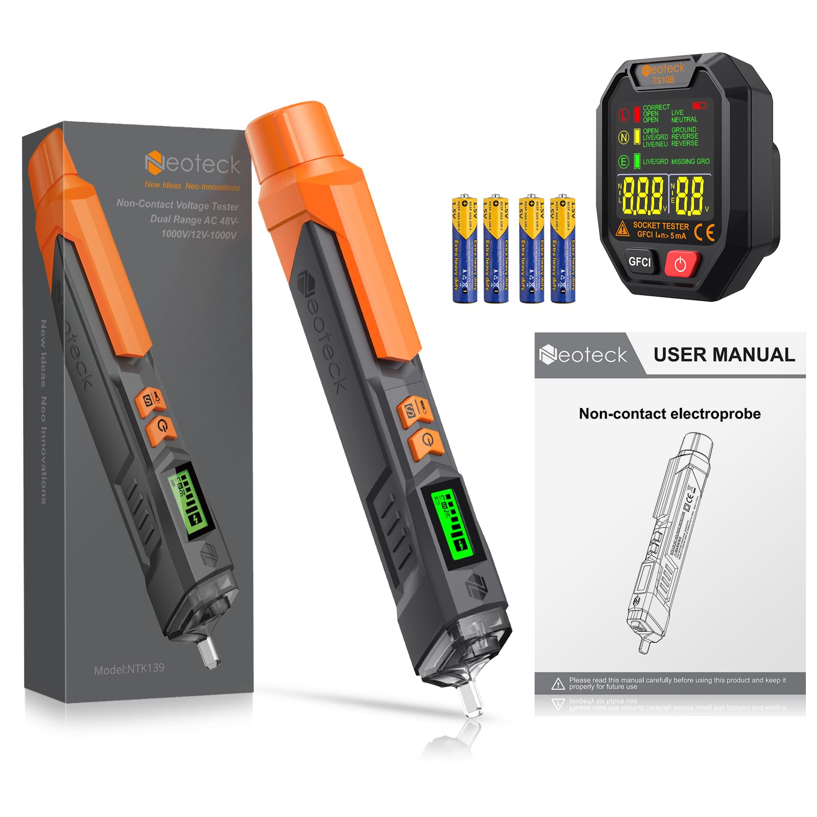 Neoteck Kit de Probador Eléctrico con Detector de Voltaje sin Contacto 12-1000V/48-1000V AC y Comprobador de Enchufe GFCI para Hogar y Electricistas