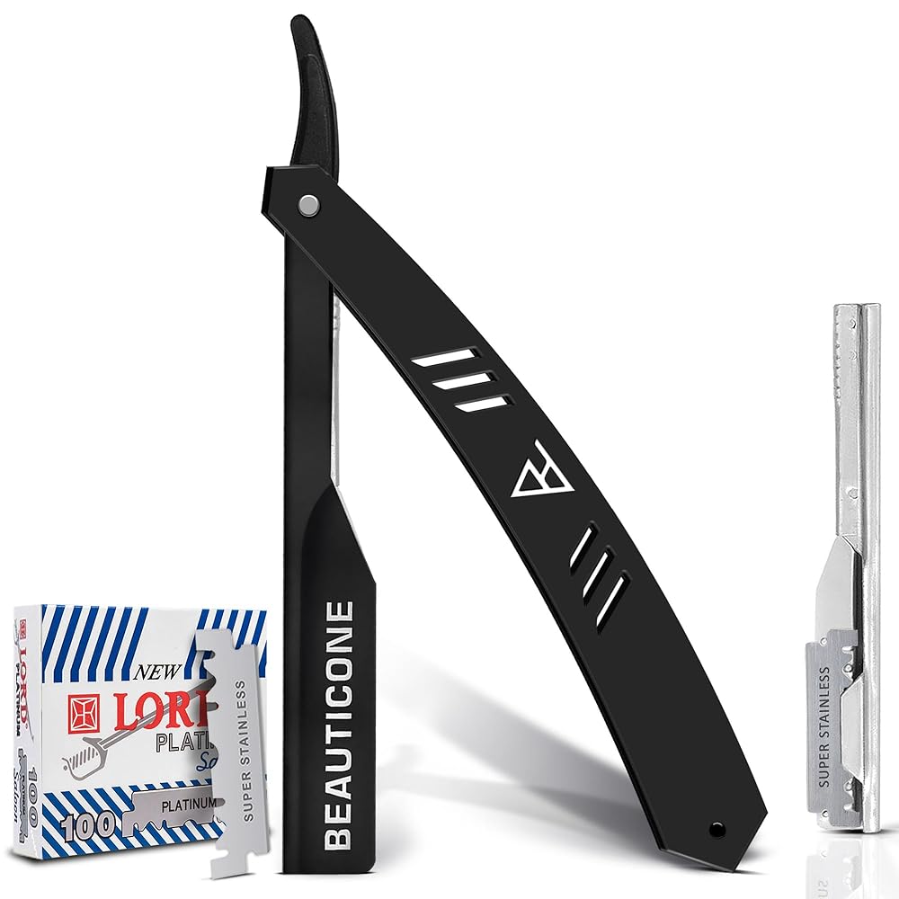 BEAUTICONE Straight Razors for Men, Straight Edge Razor, 100 Single Edge Blades, Stainless Steel, Barber Razor for Men\'s Shaving, Barber Shaving Knife, Slide-Out