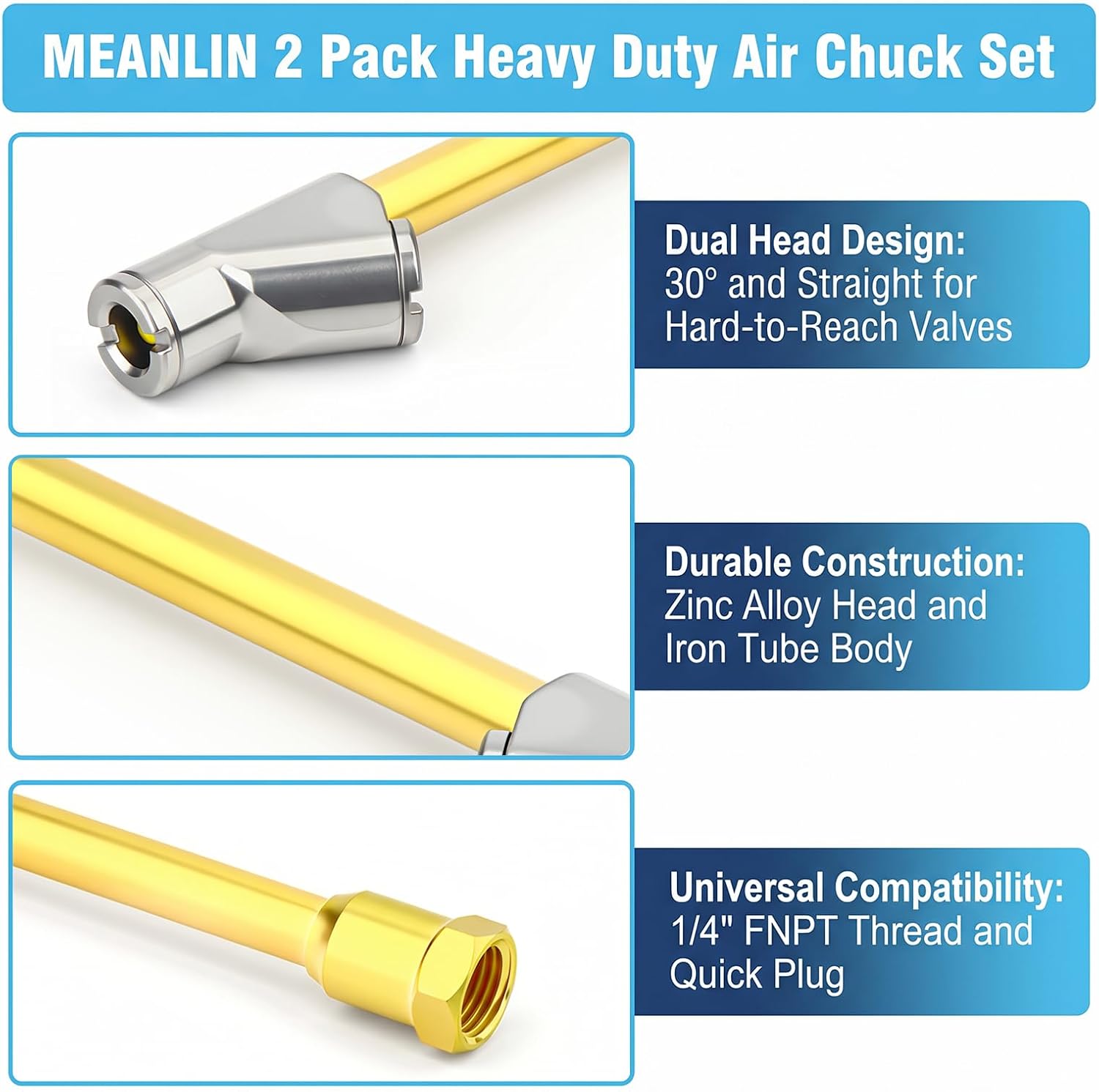 MEANLIN 5 Pack Heavy Duty Air Chuck Set-1/4 Inch Dual Head Air Chuck Set,Tire Air Fill Kit for Tire Inflator Gauge and Air Compressor