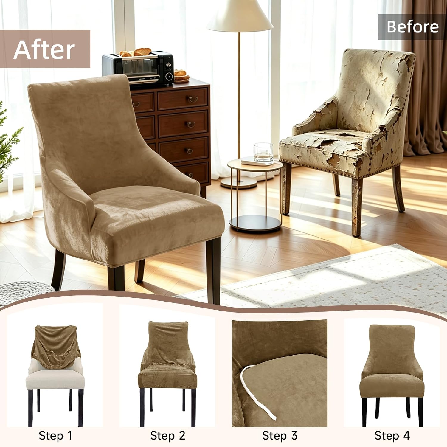 Stretch Velvet Wingback Dining Chair Covers Elegant Soft Wingback Dining Chair Slipcover Washable Wing Back Chairs Slipcovers Wing Chairs Protect Covers for Living Room (Coffee, 4PCS)