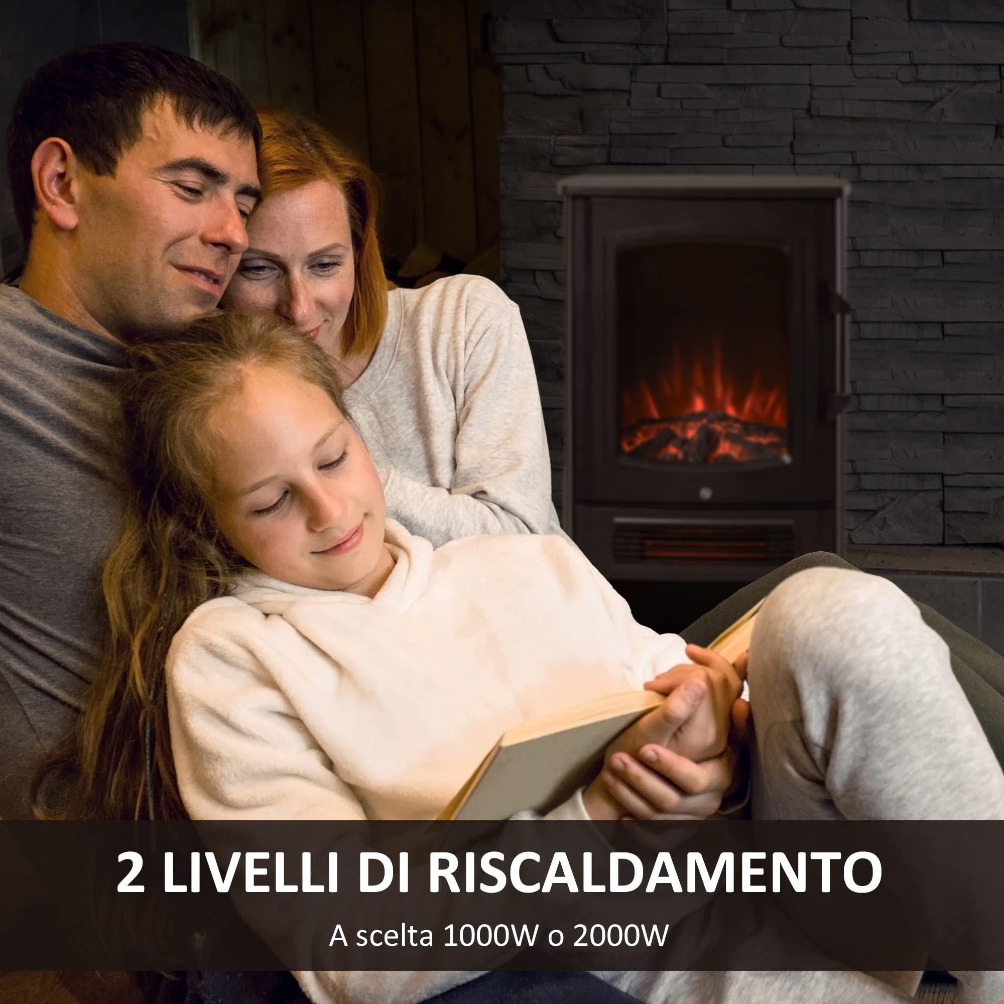 HOMCOM Camino Elettrico con Fiamma Realistica, Portalegna, 20-25㎡, Nero | Caminetto Elettrico, Protezione da Surriscaldamento, Termostato, Temperatura Regolabile, Acciaio, Vetro Temperato