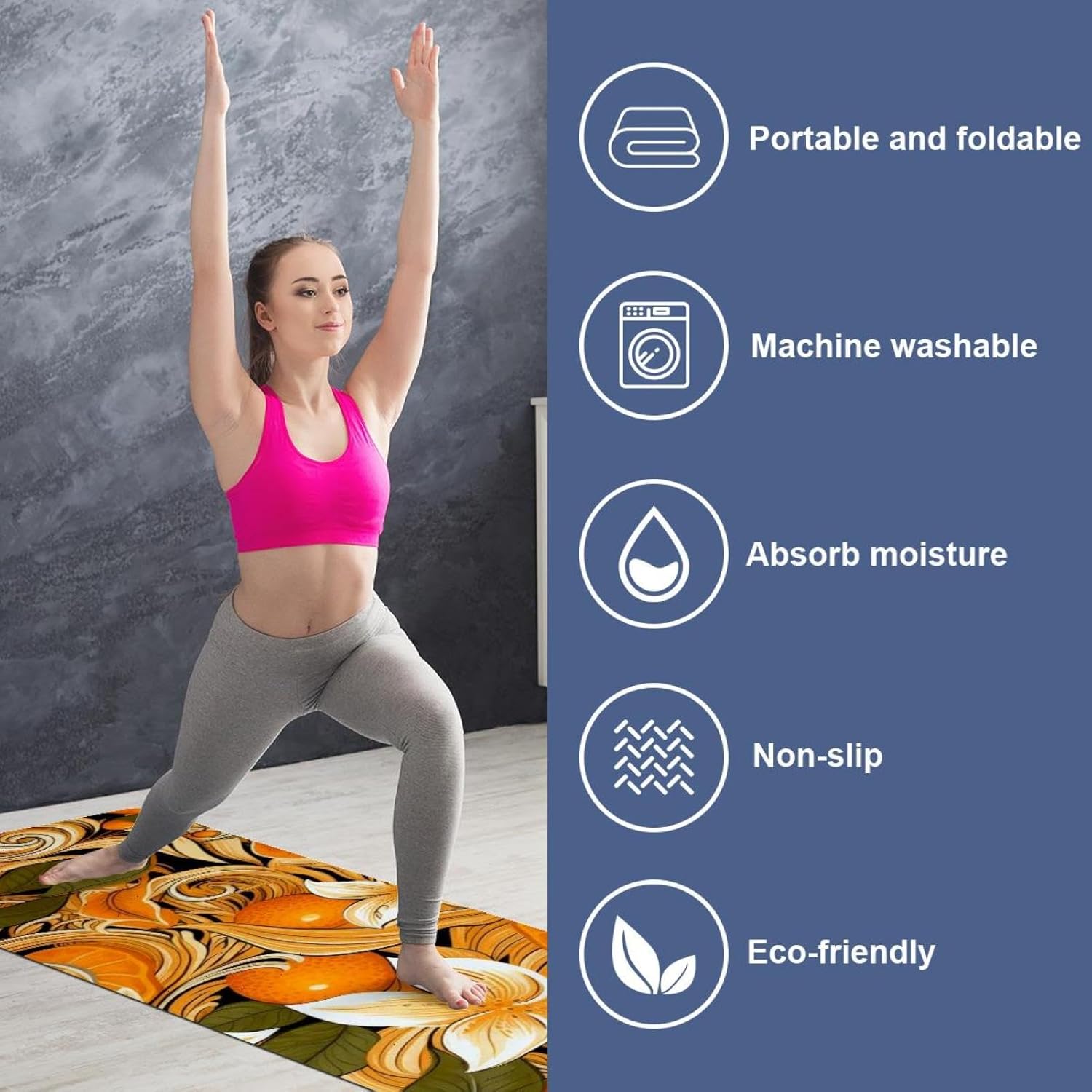 Yoga Towel, Orange Pattern Non Slip Sweat Absorbent Hot Yoga Mat Towel for Hot Yoga, Pilates and Fitness - 72.8" x 26.8"