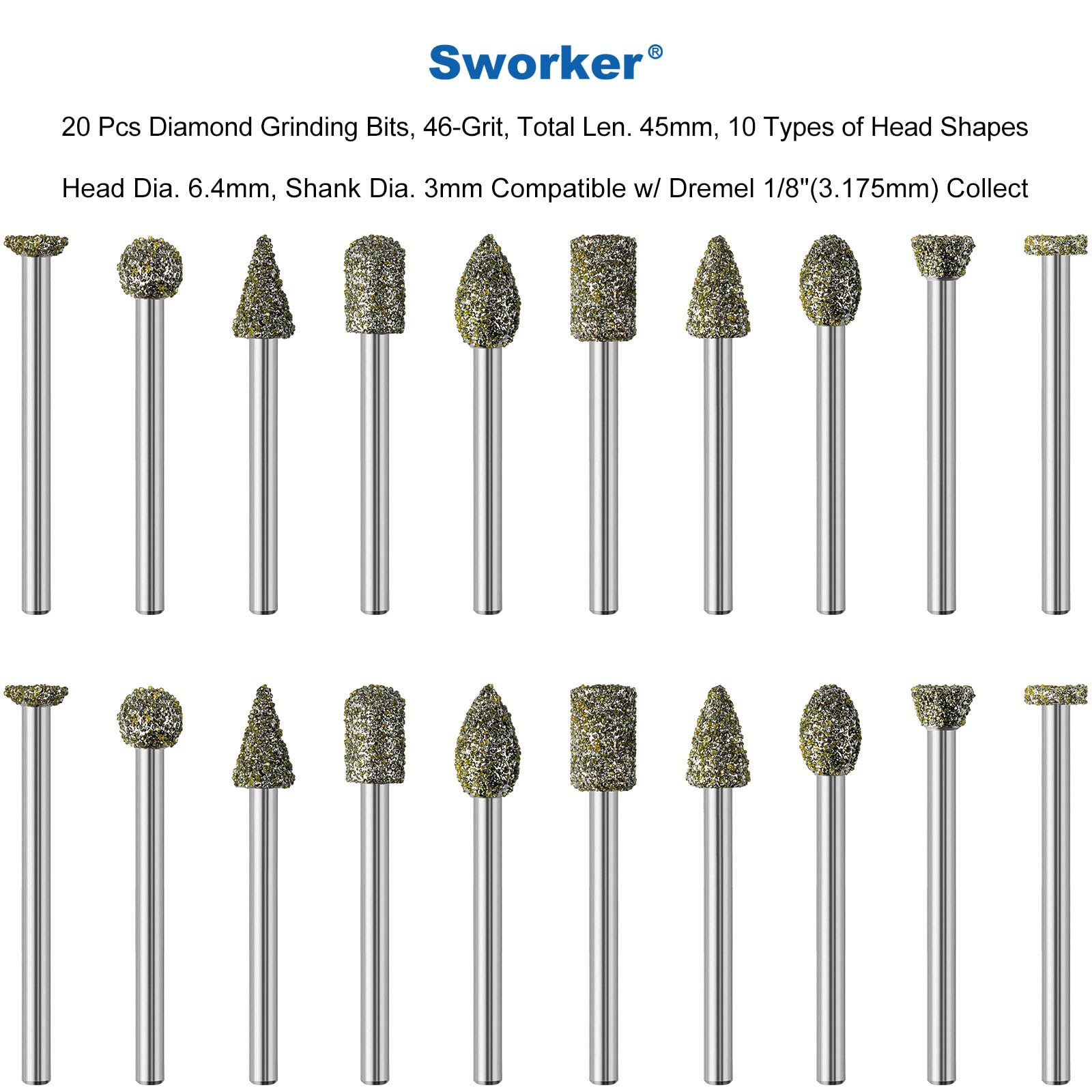 20Pcs 46-Grit Diamond Grinder Bit 1/8" Shank Compatible with Dremel Rotary Tool Attachment Accessories Grinding Burrs for Stone Glass Resin Porcelain Ceramic Quartz Glaze Steel Carve Engrave Polish — Amazon image 2
