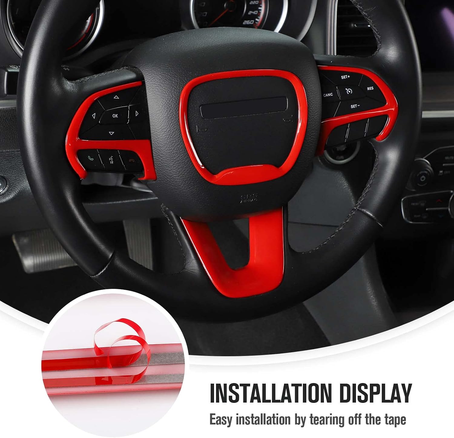 JeCar Steering Wheel Trim Interior Decoration Kits Compatible with Dodge Challenger/Charger 2015-2023 & Durango 2014-2020, Red