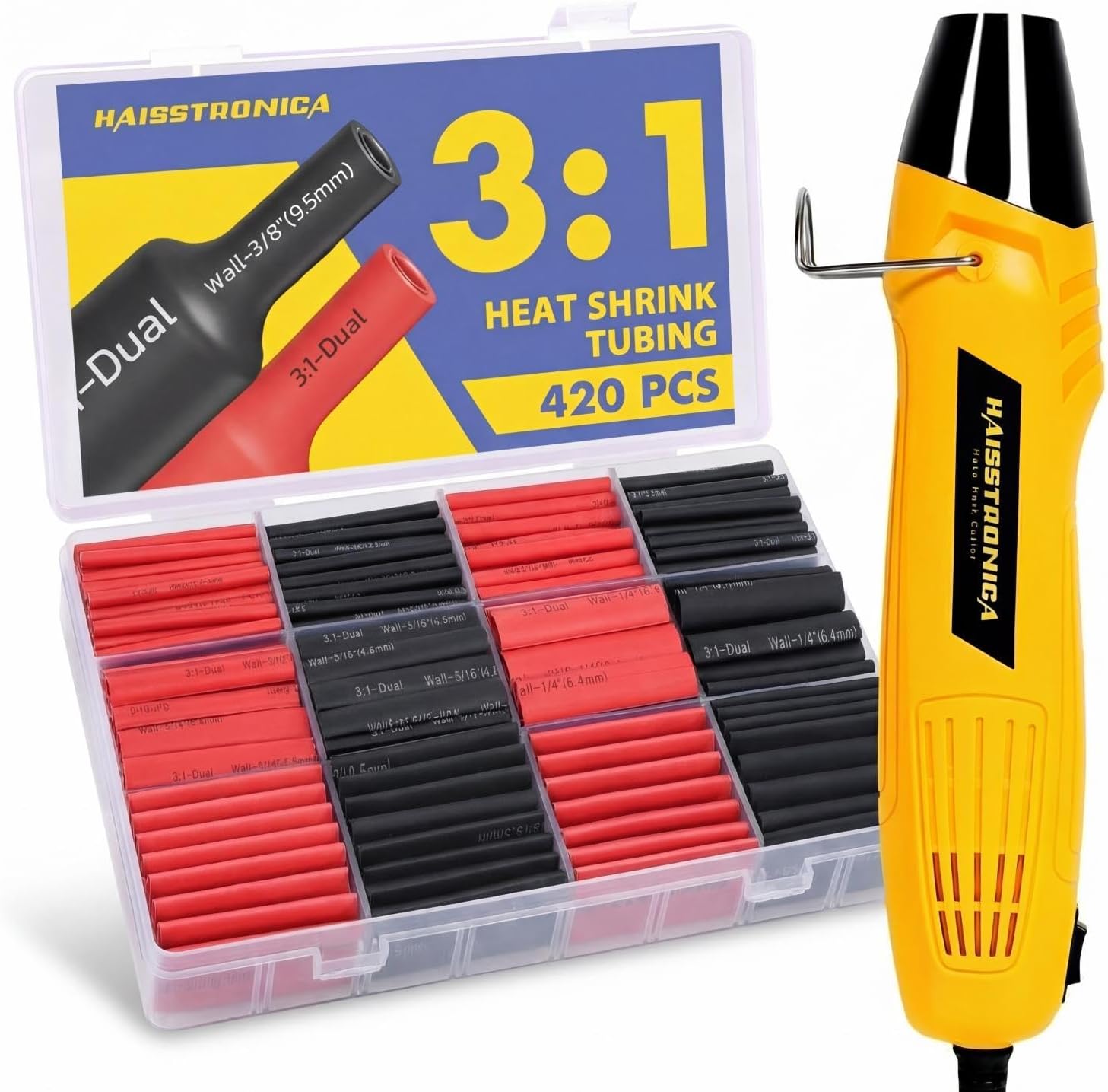 haisstronica 420PCS Heat Shrink Tubing Kit, 3:1 Adhesive Lined Heat Shrink Tube with 350W Mini Heat Gun, Waterproof Insulated Shrink Wrap for Automotive Marine Wiring Repair