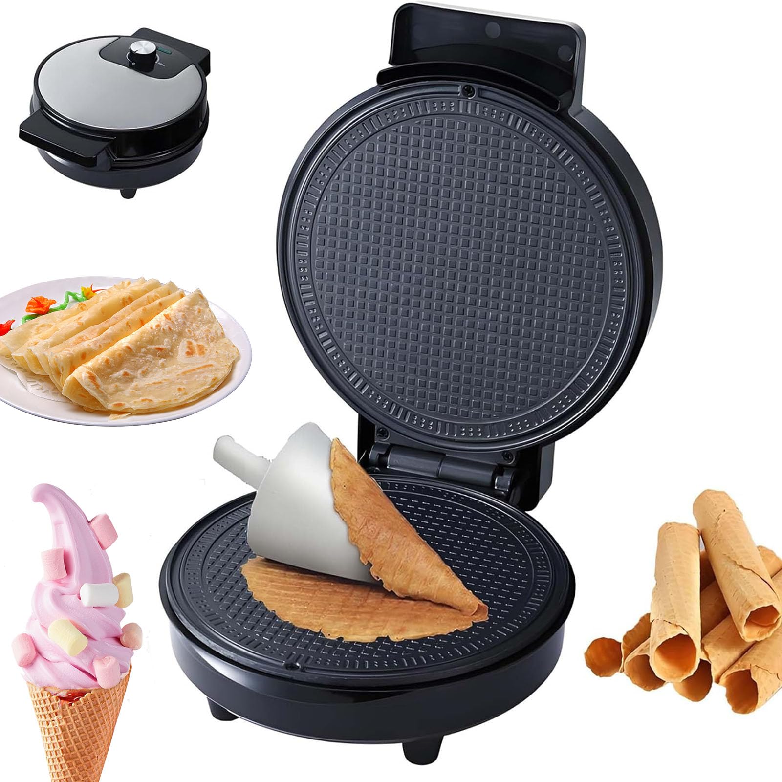 Máquina para hacer conos de gofre, rollitos de huevo antiadherentes, bandeja eléctrica para hornear conos de helado de 1000 W, herramienta de cocina para hacer crepes y sándwiches