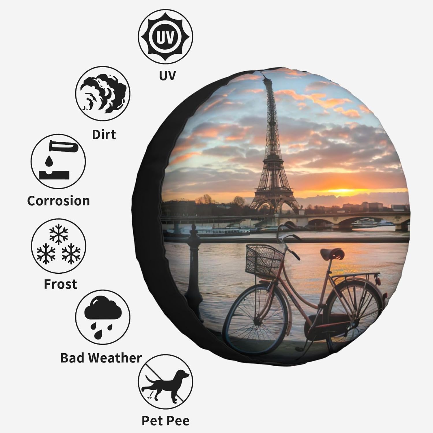 Eiffel Tower Bike Print Tire Cover Universal Spare Wheel for Trailer Rv SUV Truck Camper Travel Accessories