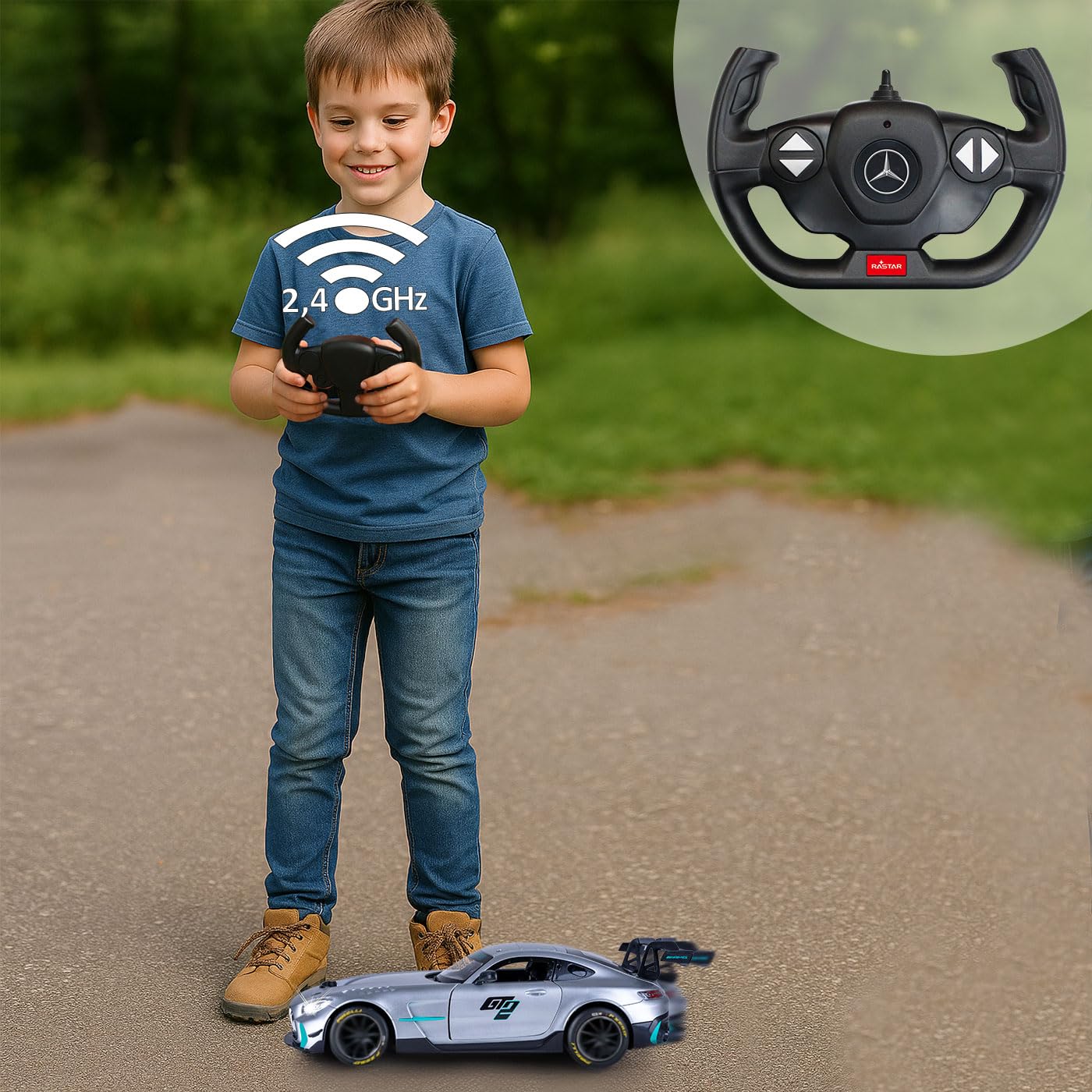 JAMARA 402241 Mercedes-AMG GT2 1:14 2,4 GHz – drzwi ręczne, zdalnie sterowany samochód RC, dla dzieci, zabawka z pilotem zdalnego sterowania, model samochodu, pomysł na prezent dla dzieci, światło LED