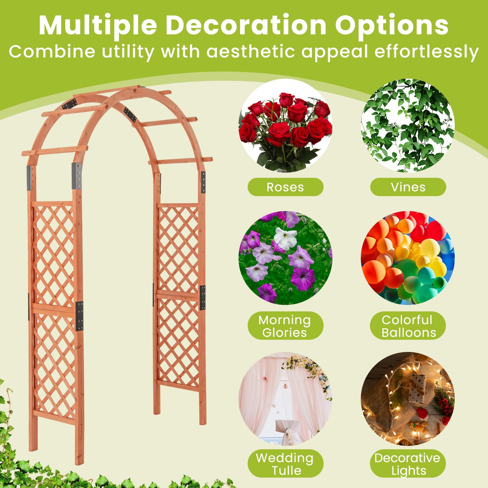 FANTASK Gartenbogen Holz, 132 x 45,5 x 235 cm, Rosenbogen für Rosen & Kletterpflanzen, Torbogen Spalier, Rankhilfe Tannenholz, Halbbogen für Garten, Hochzeit, Party