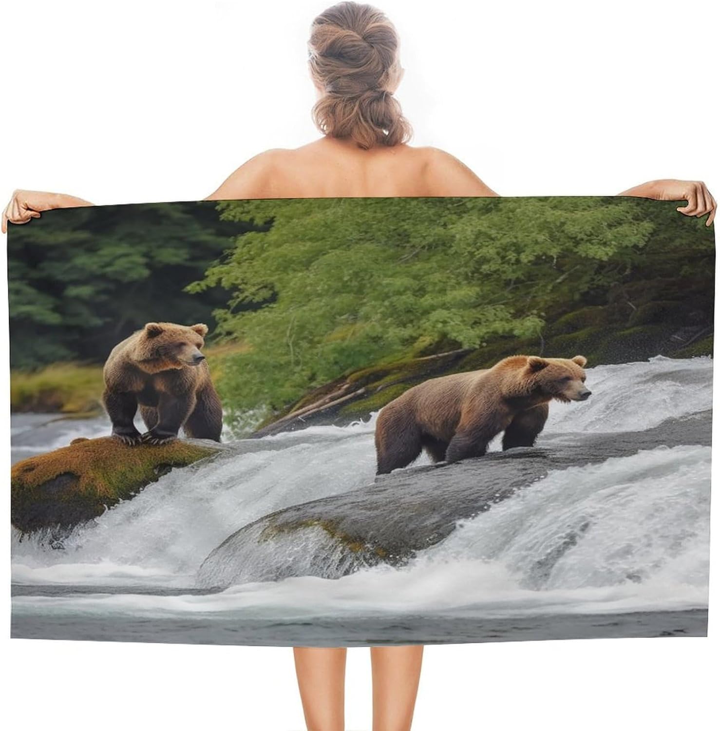 Swimming Towel, Bears Fishing in River Printed Fashion Towel,Portable Towel,Durable Towel