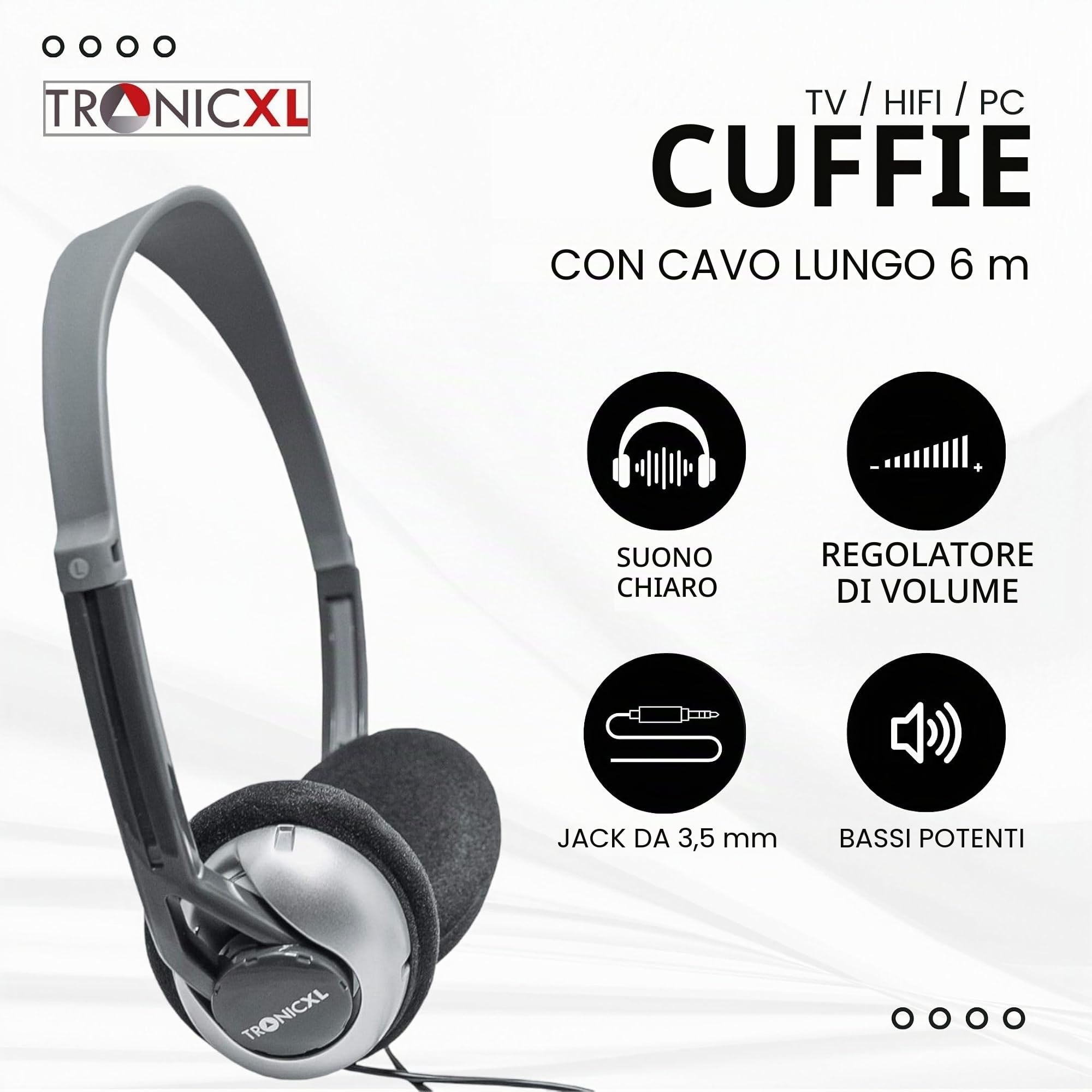 TronicXL - Cuffie per TV con cavo lungo 6 m, compatibili con televisori Samsung, LG, Sony, Toshiba, DYON, JVC, Philips, Apple, iPad, iMac, Computer, etc