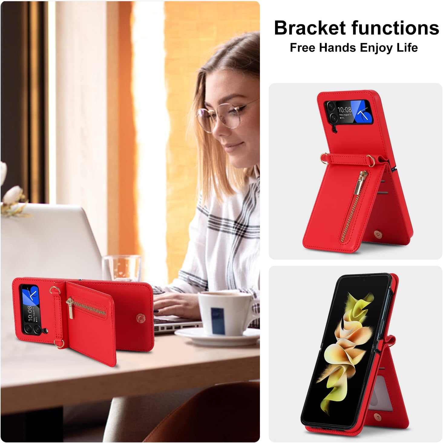 Compatible with Samsung Galaxy Z Flip 4 Stand Stylish Flip Protective Leather Case,Wallet case with Zip,Card Slot,Cash Compartment, Phone case with Cord for Galaxy Z Flip 4 (Red)