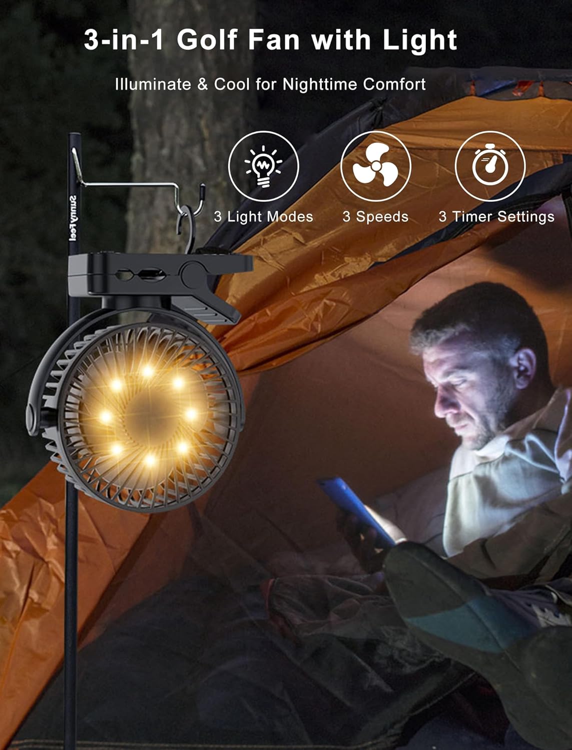 Magnetic Clip on Fan for Golf Cart, 12000mAH Battery Operated Portable Fan with 3 Speeds, LED Lantern, Magnetic Base, Suitable for EZGO Club Car Yamaha, Golf Cart & Cruise Ship Accessories - Image 5