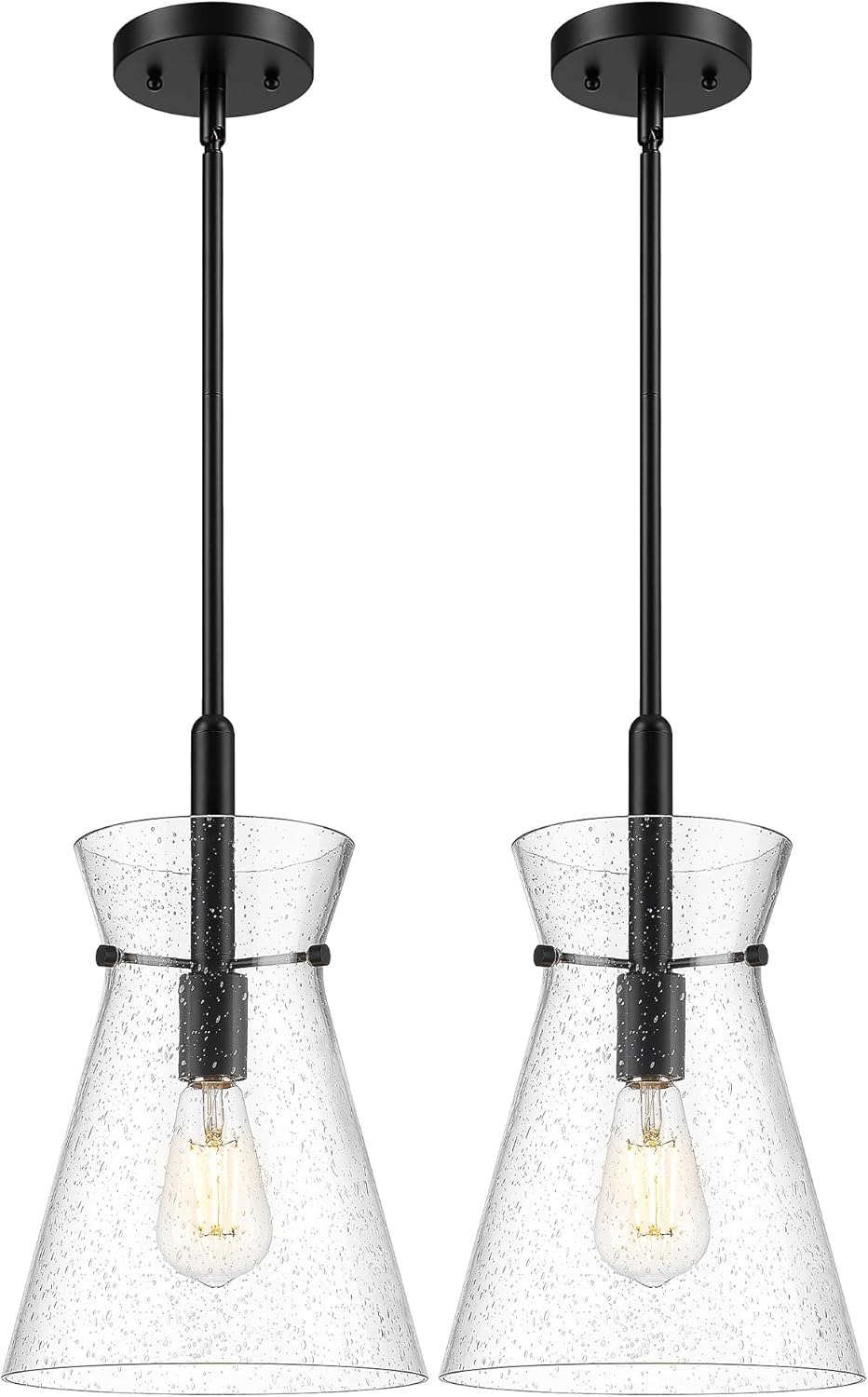 Emak 2 Pack Black Pendant Lights Kitchen Island, Modern 9 Inch Seeded Glass Pendant Light Fixtures, Farmhouse Large Hanging Lights for Kitchen Island, Dining Room, PL130-BK-SG-2PK Black & Seeded Glass - 2PCS
