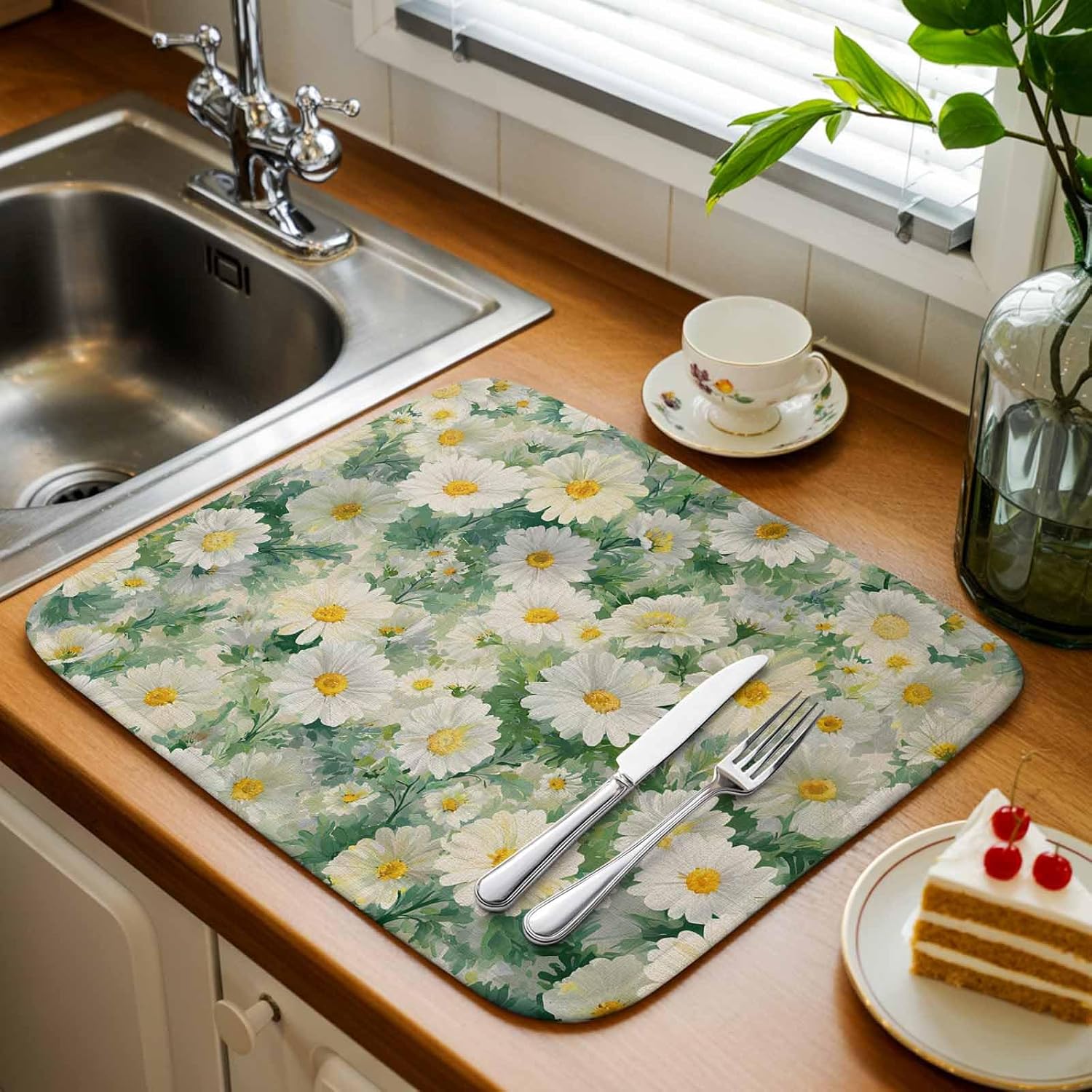 Spring White Daisy Dish Drying Mat for Kitchen Counter, Microfiber Dishes Drainer Mat Rack Pad, Flowers Green Leaves Retro Botanical Absorbent Dish Bottle Drying Mats, 18''x24'', 2 Pack