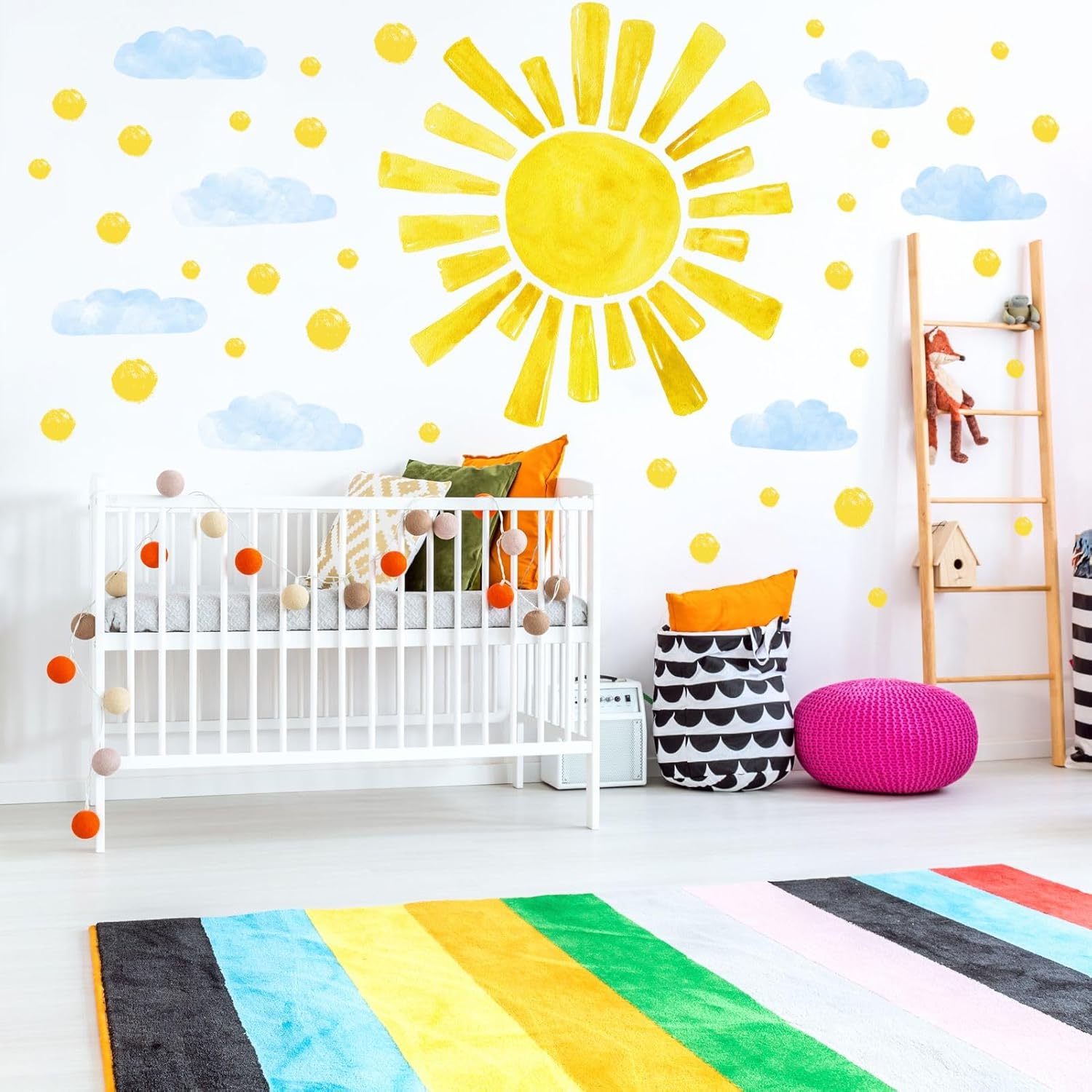 Large Sun Wall Decals Cloud Polka Dots Wall Stickers for Girls Room, 12 Sheets Watercolor Sun Wall Decor Stickers Cute Cloud Wallpaper Delicate Decorations for Kids Room Bedroom