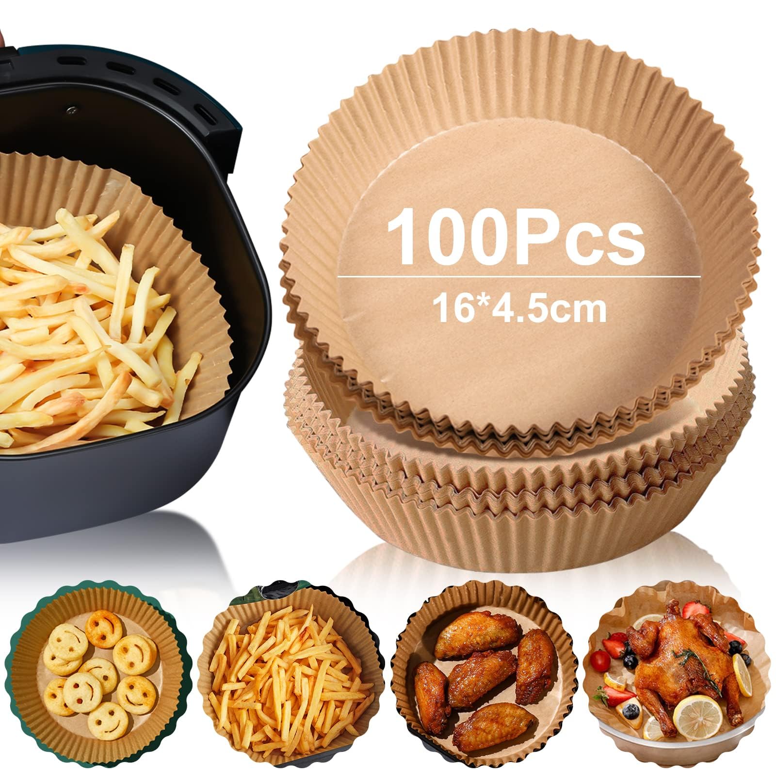100 pcs Carta da Forno per Friggitrice ad Aria,Carta pergamena per friggitrice ad aria,Carta da Forno Impermeabile ad Alta Temperatura da Forno Sicuro per Friggitrice Ad aria,Microonde(16*4cm)