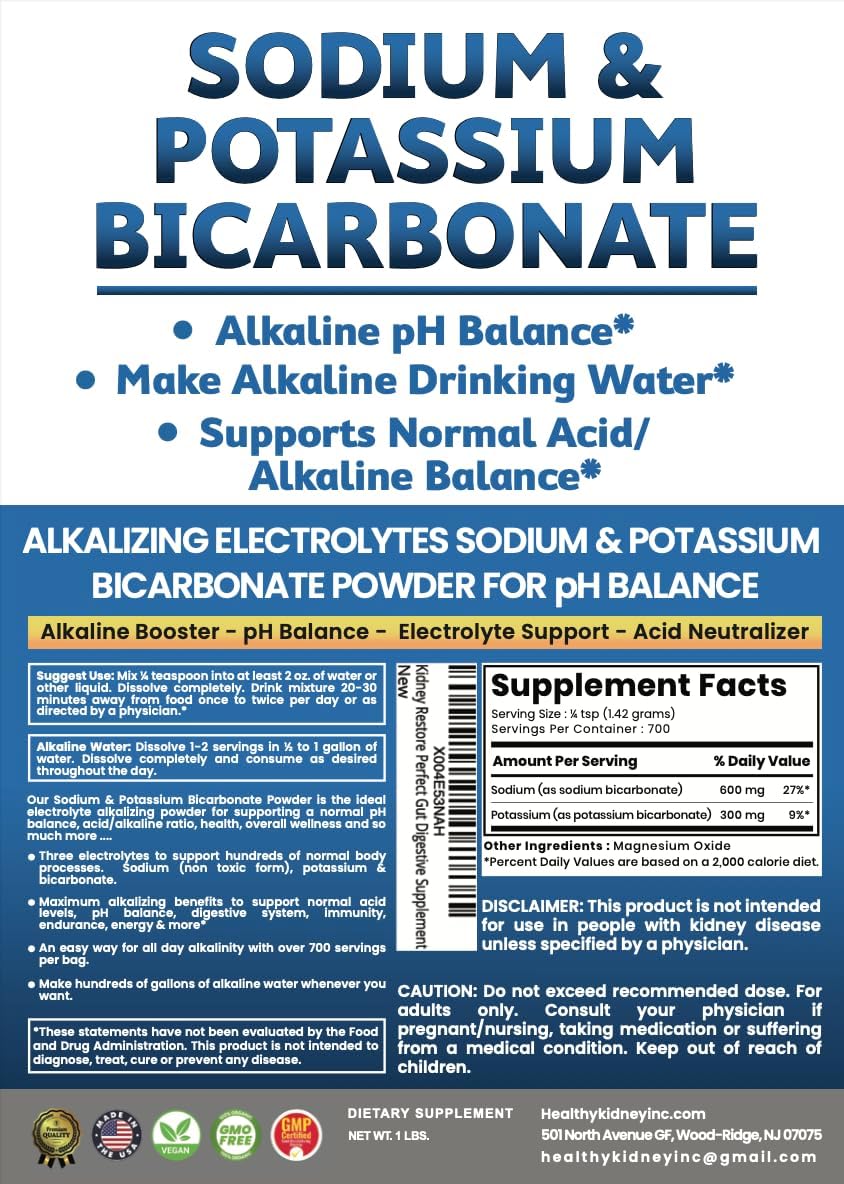 Sodium Bicarbonate Powder & Potassium Bicarbonate Powder pH Balance Supplement. Make Gallons of Alkaline Water Drops for Acid/Alkaline pH Balance, Stomach Immune Performance. Alkaline Drinking Water