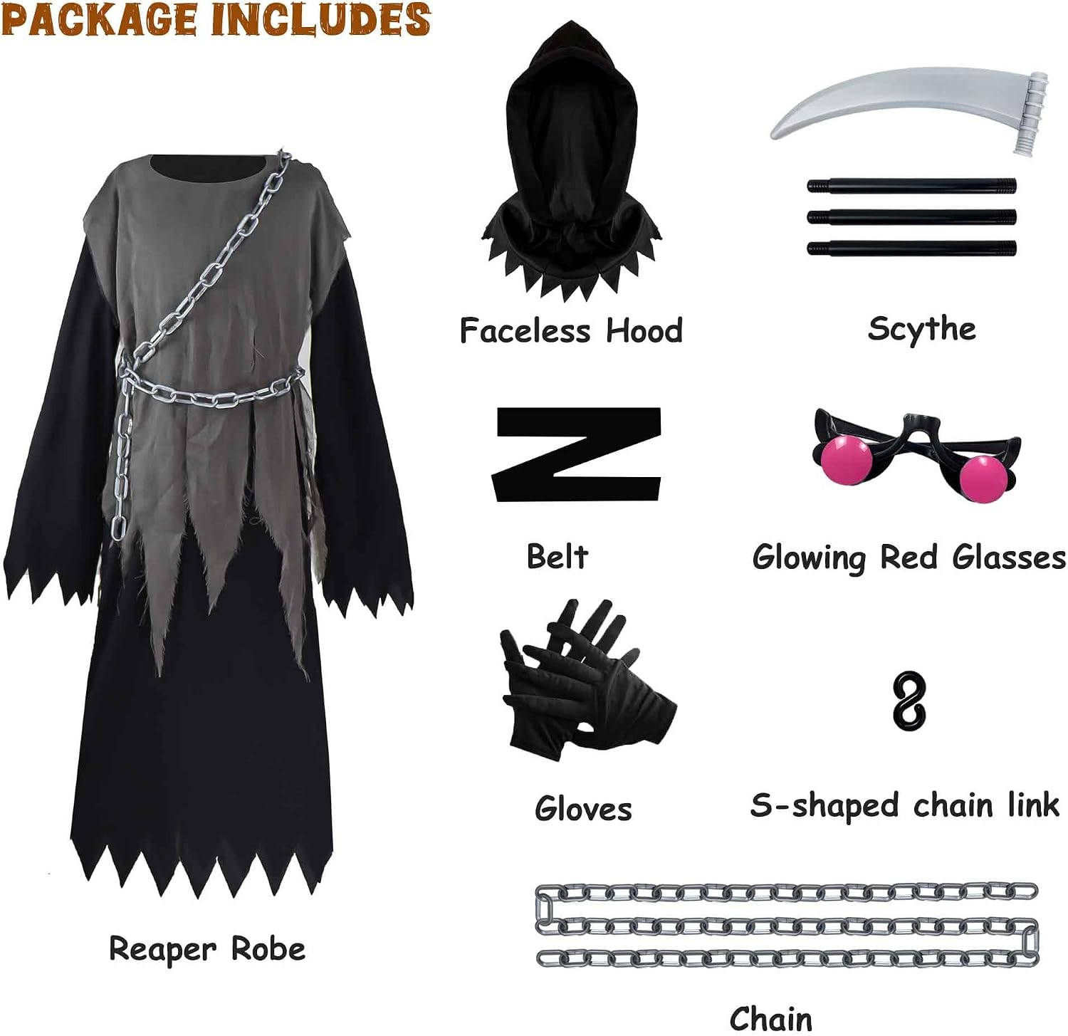 Znorso Grim Reaper Costume for Kids, Halloween Costume with Glowing Up Eyes Costume for Boys