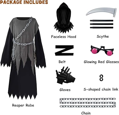 Miniatura 6 de Disfraz de la parca para niños, disfraz de Halloween con ojos brillantes para niños