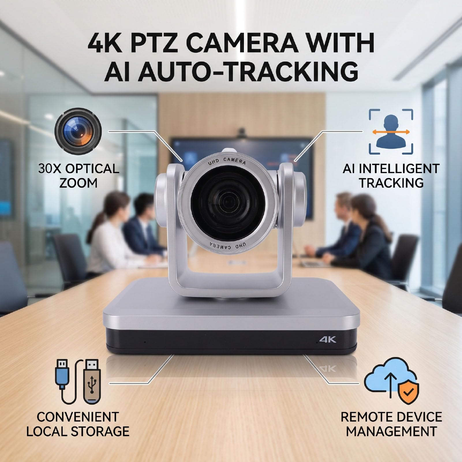 Sxhlseller Telecamera PTZ 4K, con Zoom Ottico 30x |Telecamera per Videoconferenza con Tracciamento AI Ultra HD 60Hz, Uscita IP 3G SDI HDMI USB 3.0 (Spina europea)
