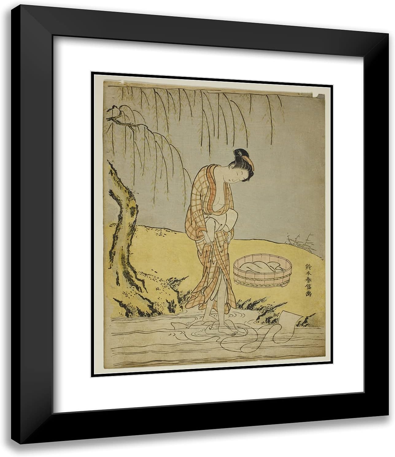 ArtDirect Suzuki Harunobu 20x24 Black Modern Framed and Double Matted Art Print Titled Washing Cloth in a Stream