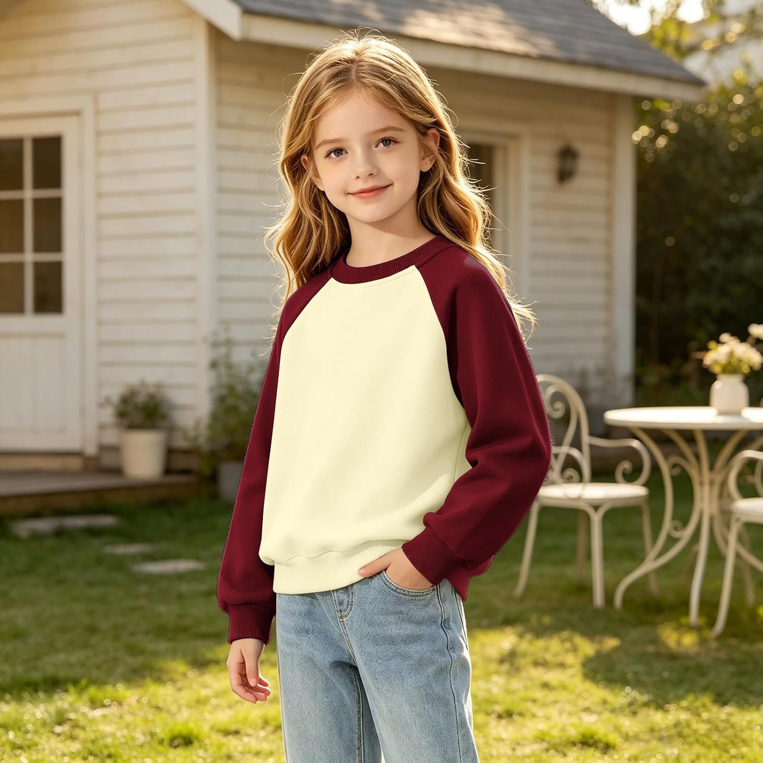 Girls Raglan Sleeve Color Block Crew Neck Sweatshirt Tops