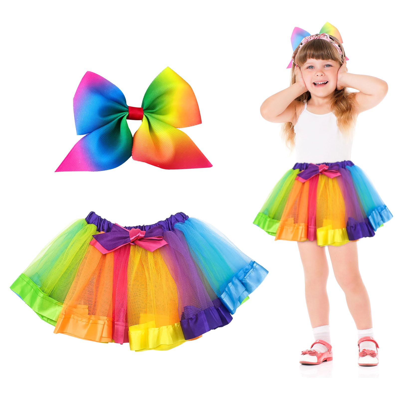 Eupsiiu Girls Colorful 2 Pcs Rainbow Set, Tutu Skirts And Hairbow, Rainbow Tutu Skirt Ballet, Layered Tulle Dance Dress, Neon Dance Dress