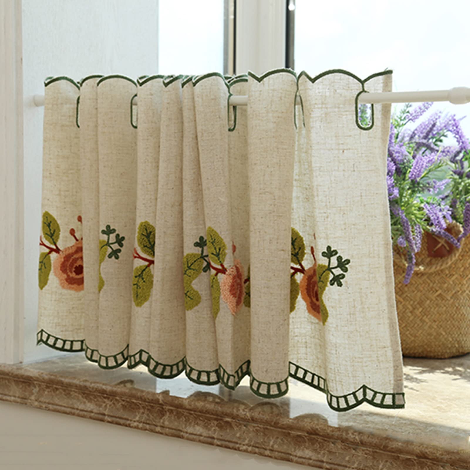 Rideau de cuisine en coton beige brodé W230xH42cm