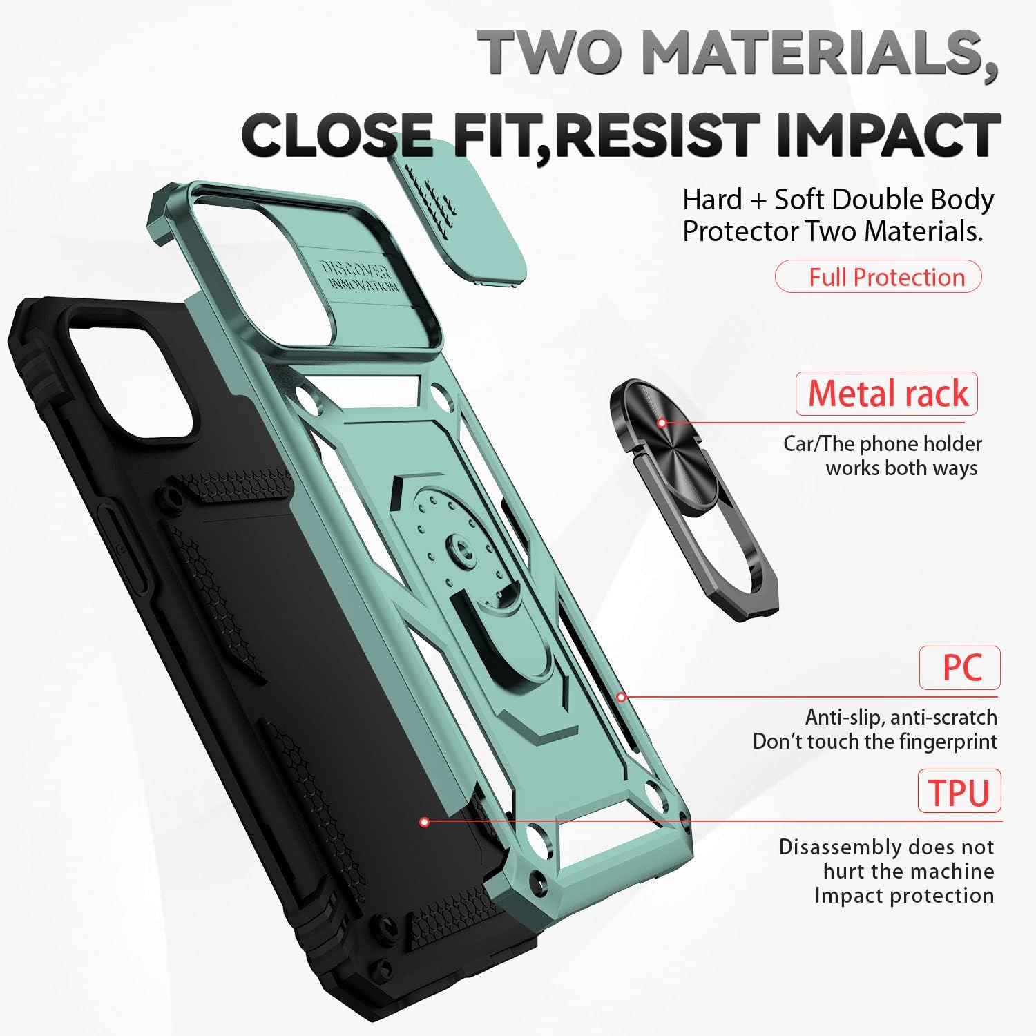 SunStory Compatible with iPhone 14 Plus Case with HD Screen Protector & Slide Camera Cover & Rotated Ring Kickstand, [Military-Grade] Phone Case for iPhone 14 Plus (Green) - Image 3