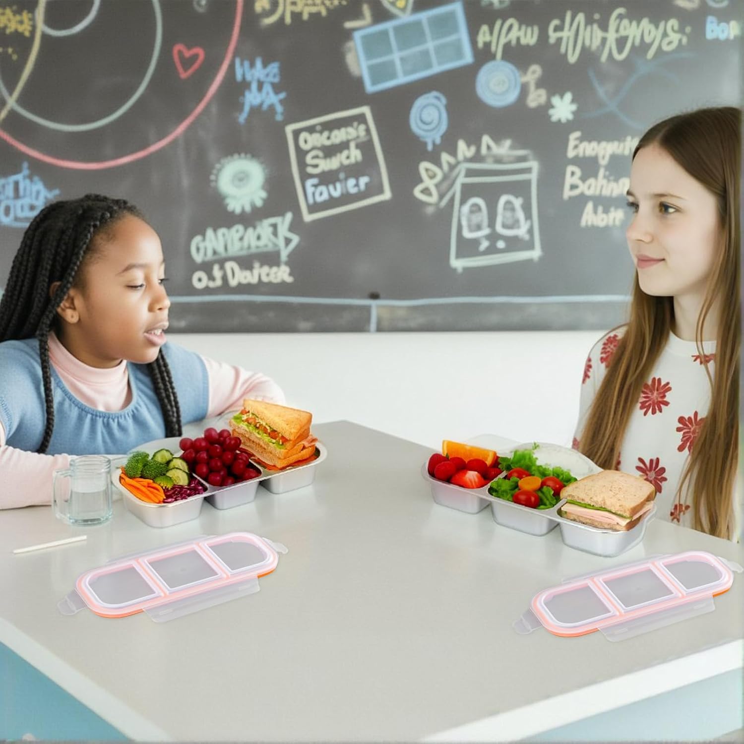 ステンレススチールスナックコンテナ 3個パック 3コンパートメント 金属製ランチボックス 蓋とフォーク3個付き 再利用可能なステンレ