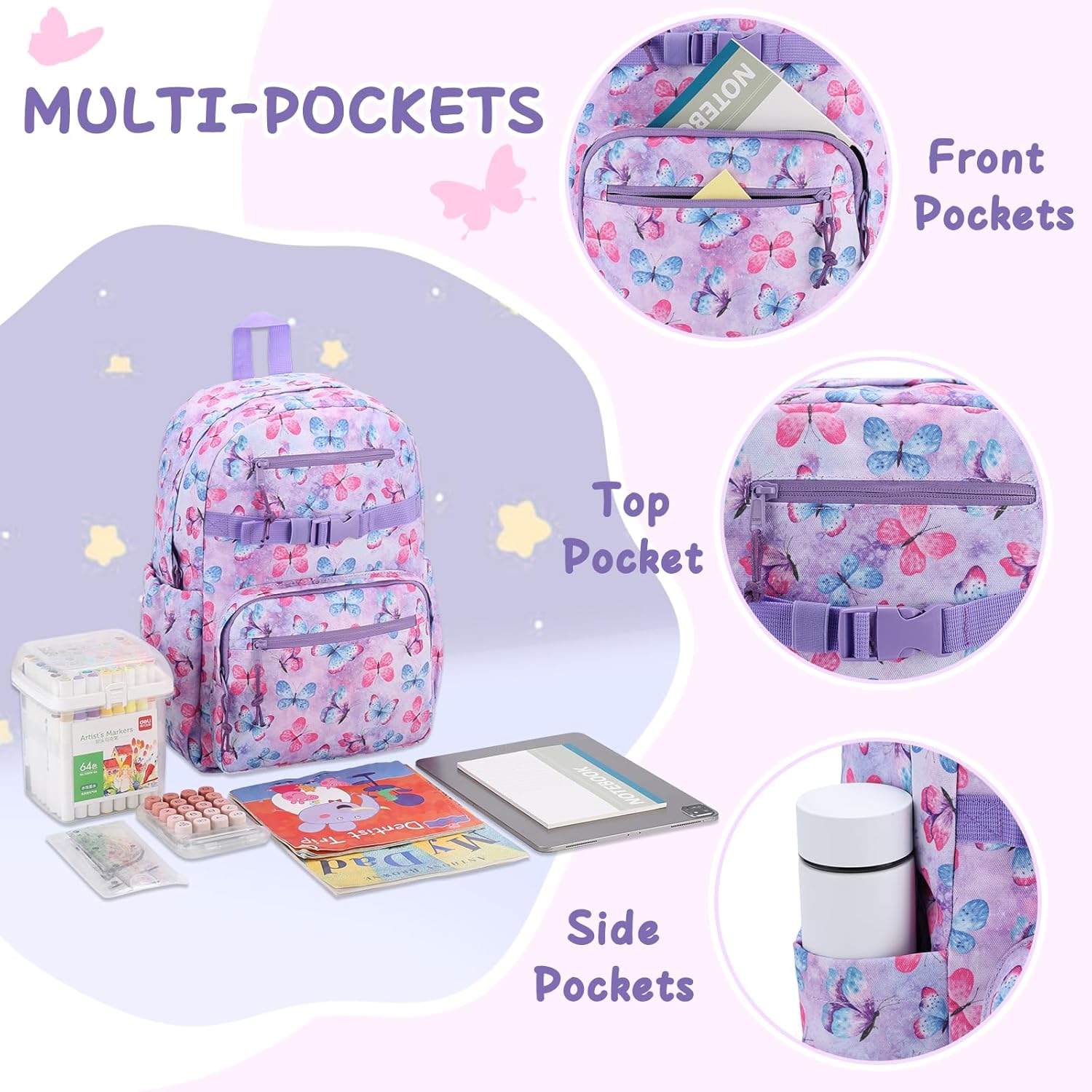 RAVUO Butterfly Kids Backpack for Girls | 16-Inch Elementary School Bookbag | Water Resistant & Lightweight School Bag for Ages 5-10 - Image 3