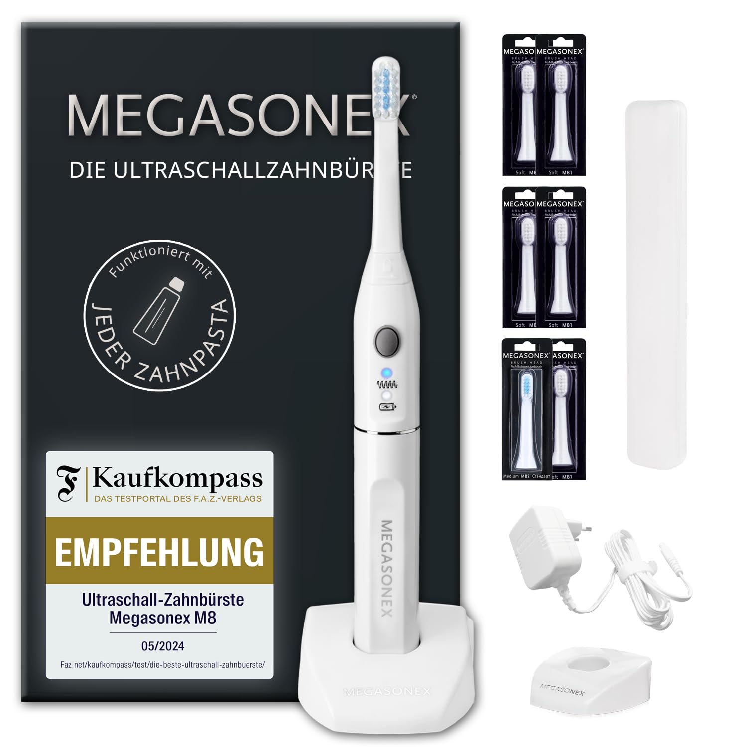 MEGASONEX Cepillo de dientes ultrasónico M8 – con 2 niveles de vibración – además incluye 4 cabezales de cepillo Soft