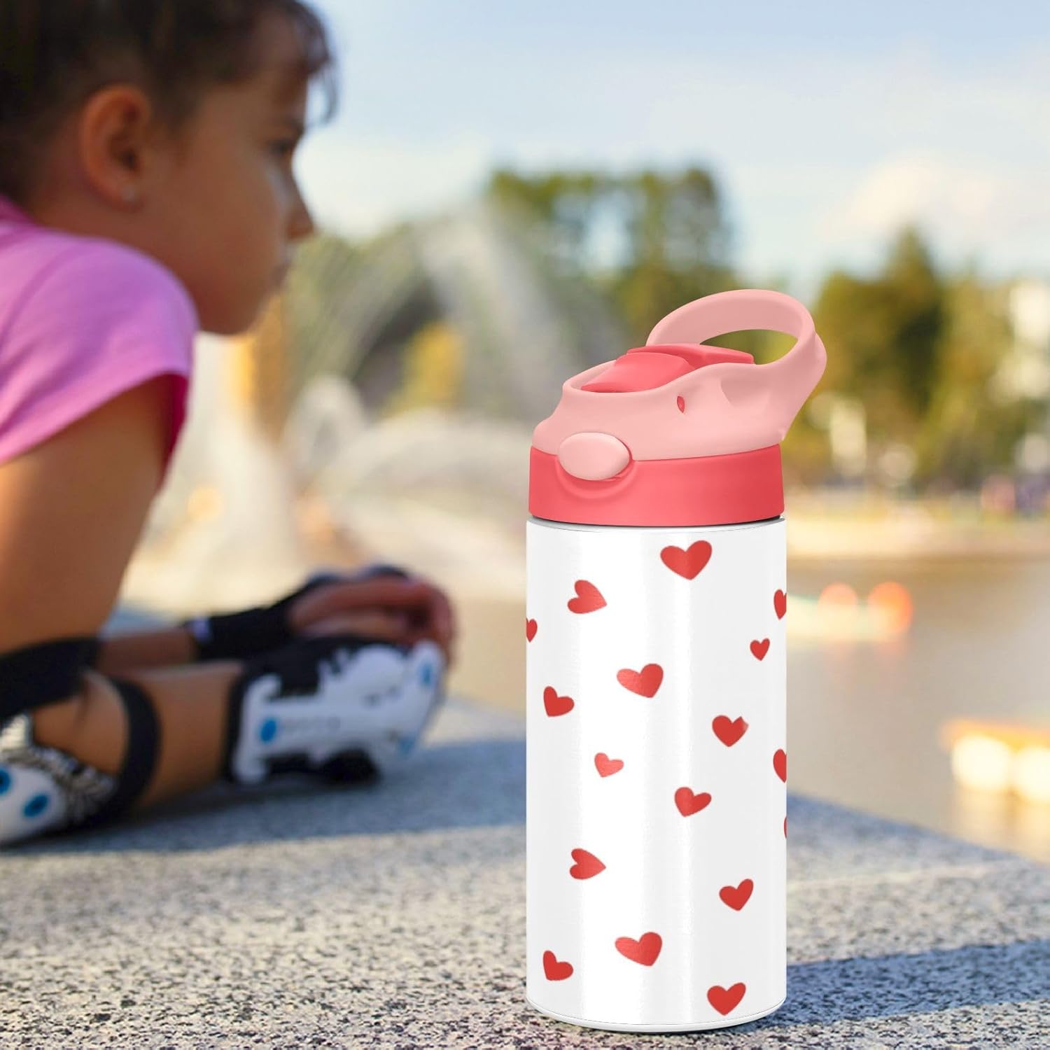 Red Hearts White Insulated Water Bottle with Straw Handle for Kids 12 OZ Valentine's Day Stainless Steel Vacuum Insulated Cup for Hot and Cold Drinks Travel Tumbler for Toddler Girls - Image 5