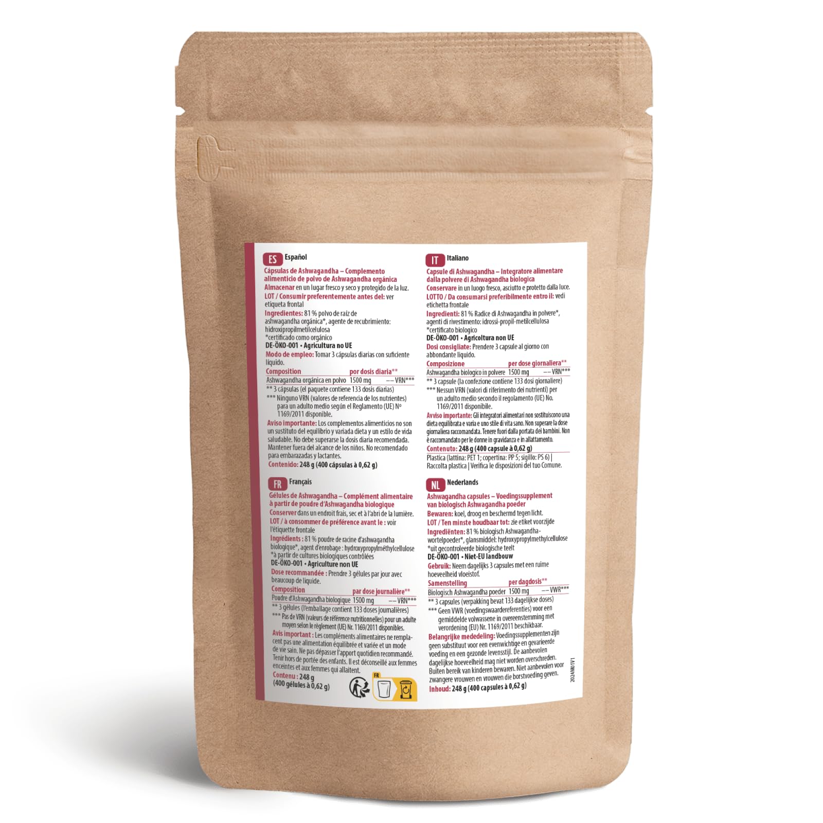Gélules d'ashwagandha bio 400 pièces | Recharge | poudre d'ashwagandha finement moulue sous forme de gélules | qualité biologique certifiée | rôle important dans l'ayurvéda indien | vom Achterhof