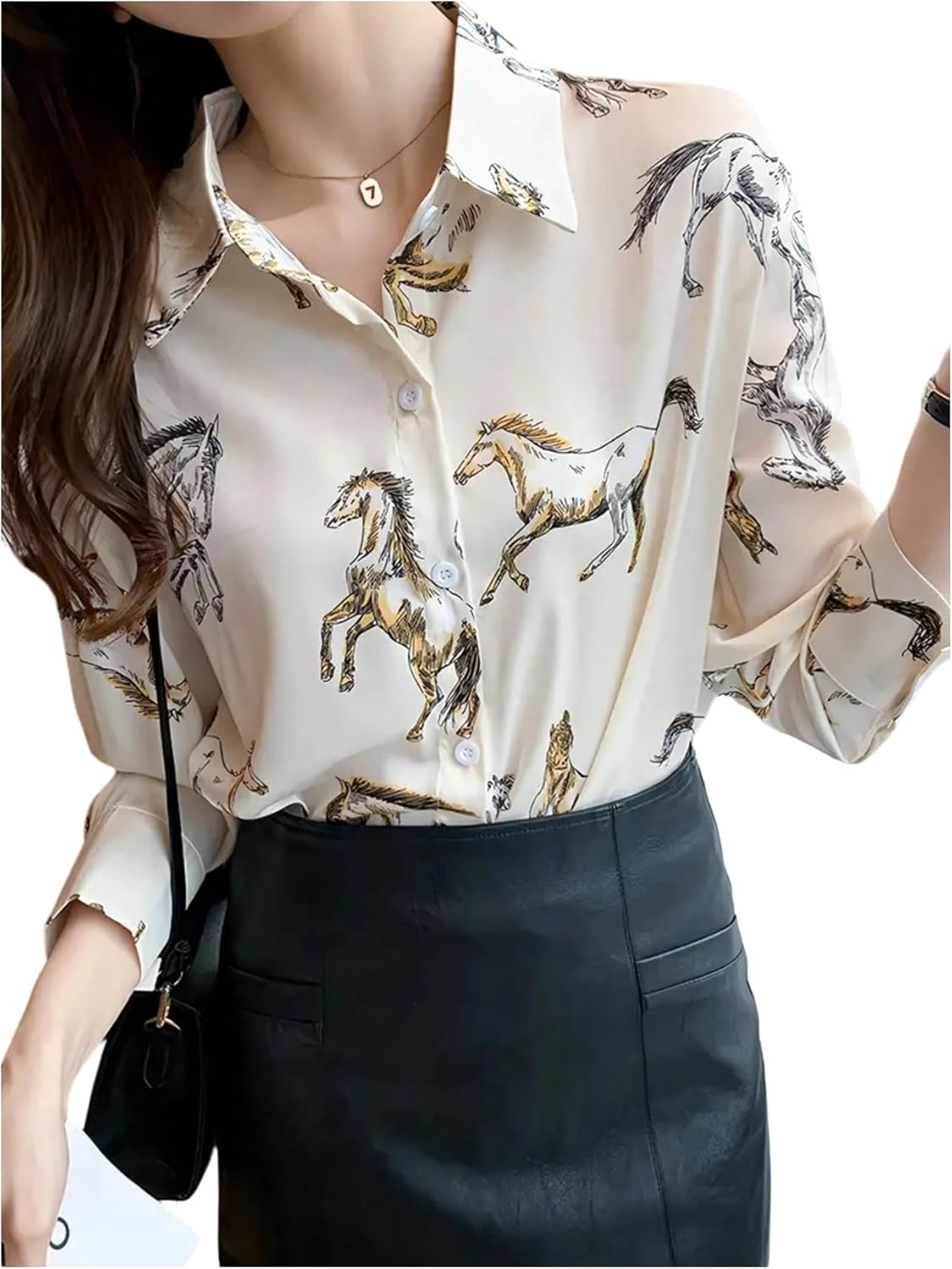 SweatyRocks Women's Horse Print Long Sleeve Button Down Shirts Vintage Western Shirt Blouse