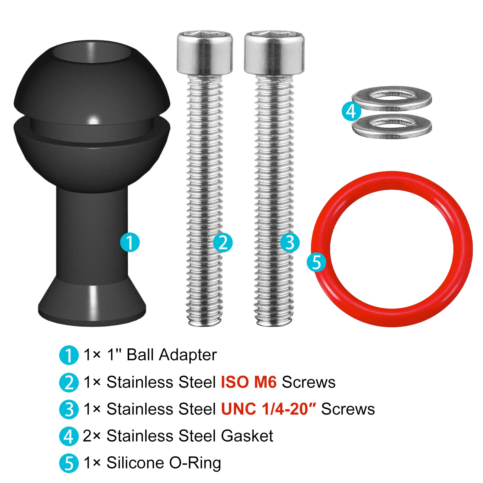 MINIFOCUS Adaptador de bola de 1" con rosca M6 y 1/4", aleación de aluminio, adaptador de montaje de cabeza de bola fija para cámara de acción y videocámara, compatible con soporte de bandeja