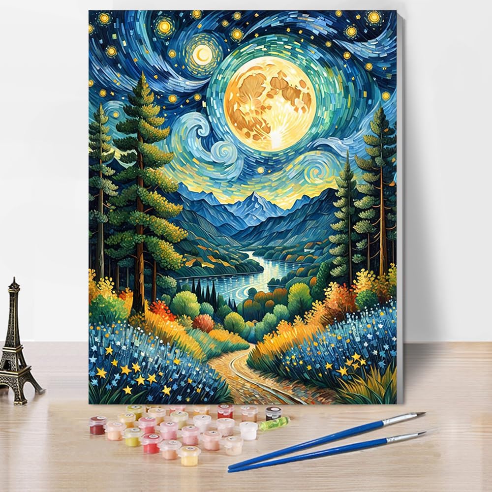 Jakener Paint By Numbers-7 Paint By Numbers For Adults With Frame,Moon Mountain Landscape Painting By Numbers For Adults Diy Paint By Numbers Kits For Home Wall Decor 12X16inch