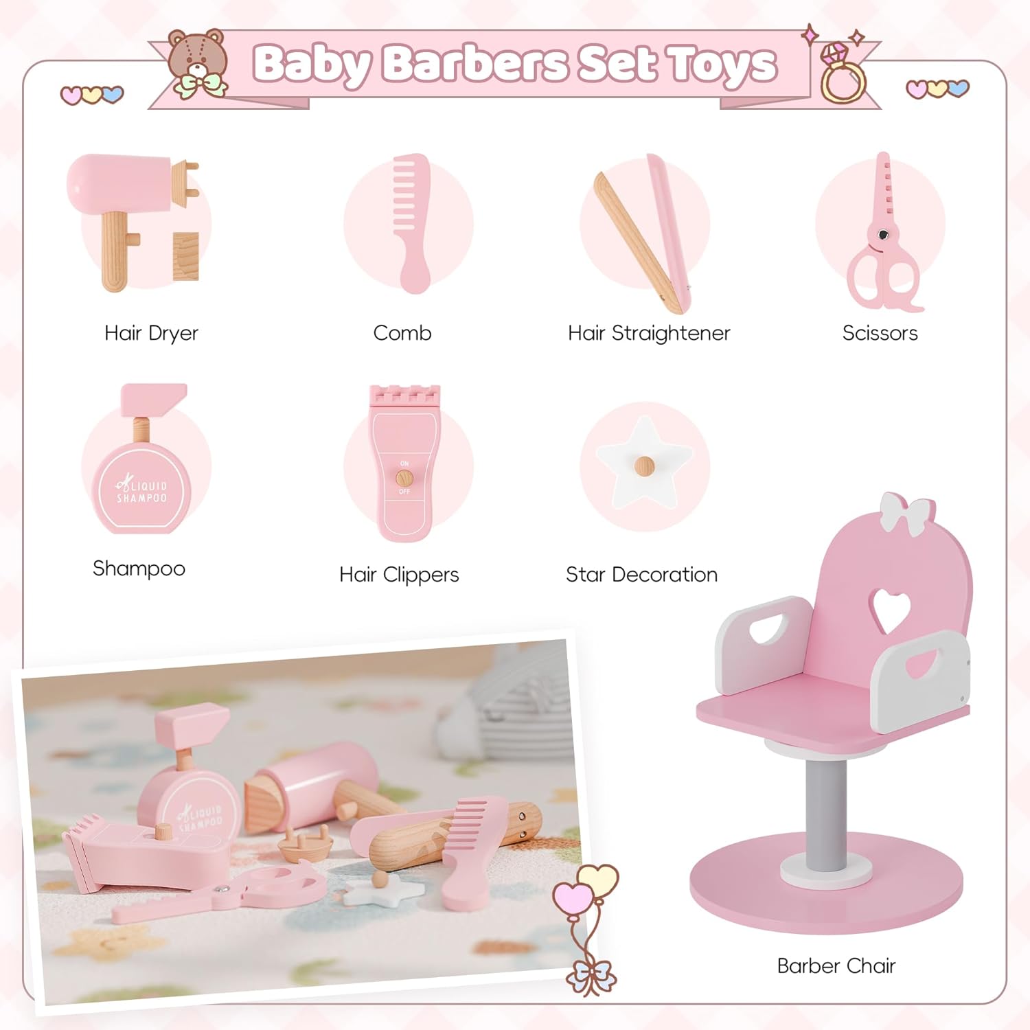 Kids Vanity Set with Light and Barber Chair, Pink Makeup Dressing Vanity Table with Storage Shelf and Hair Salon Play Set 7 pcs Accessories, Pretend Play Vanity Set for Toddler Girls