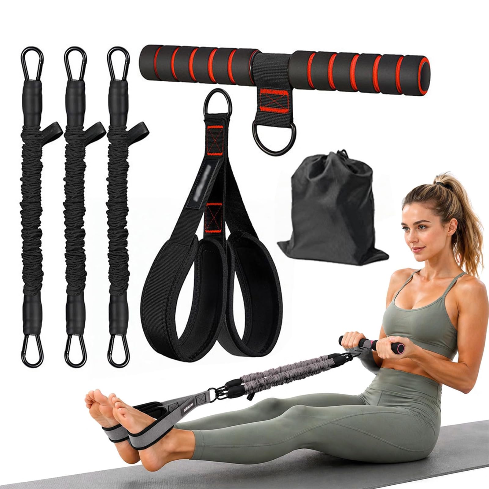 Multifunctional Pedal Resistance Band with Anti-Snap Sleeves, Adjustable Tummy Trimmer Sit Up Equipment with Handle, Latex Elastic Pull Rope Core Trainer for Home Workout & Body Shaping (Black)