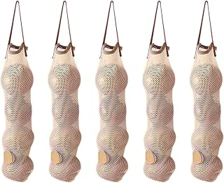 Onion Bags with Hoop and Loop Opening 5 Pieces Hanging Vegetables Bags Reusable Mesh Storage Bags for Potatoes, Tomatoes, Ginger and Garlics