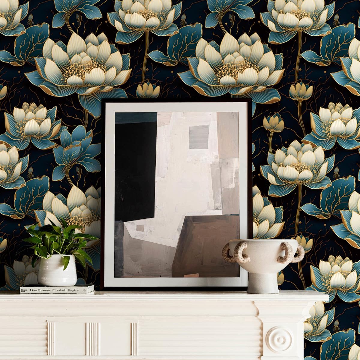 Gilded Blue Lotus Dark Pattern Wallpaper 17.71"x118.1" Peel and Stick Wall Paper Waterproof Vinyl Matte Flower Contact Paper for Bedrooms Bathrooms Cloakrooms