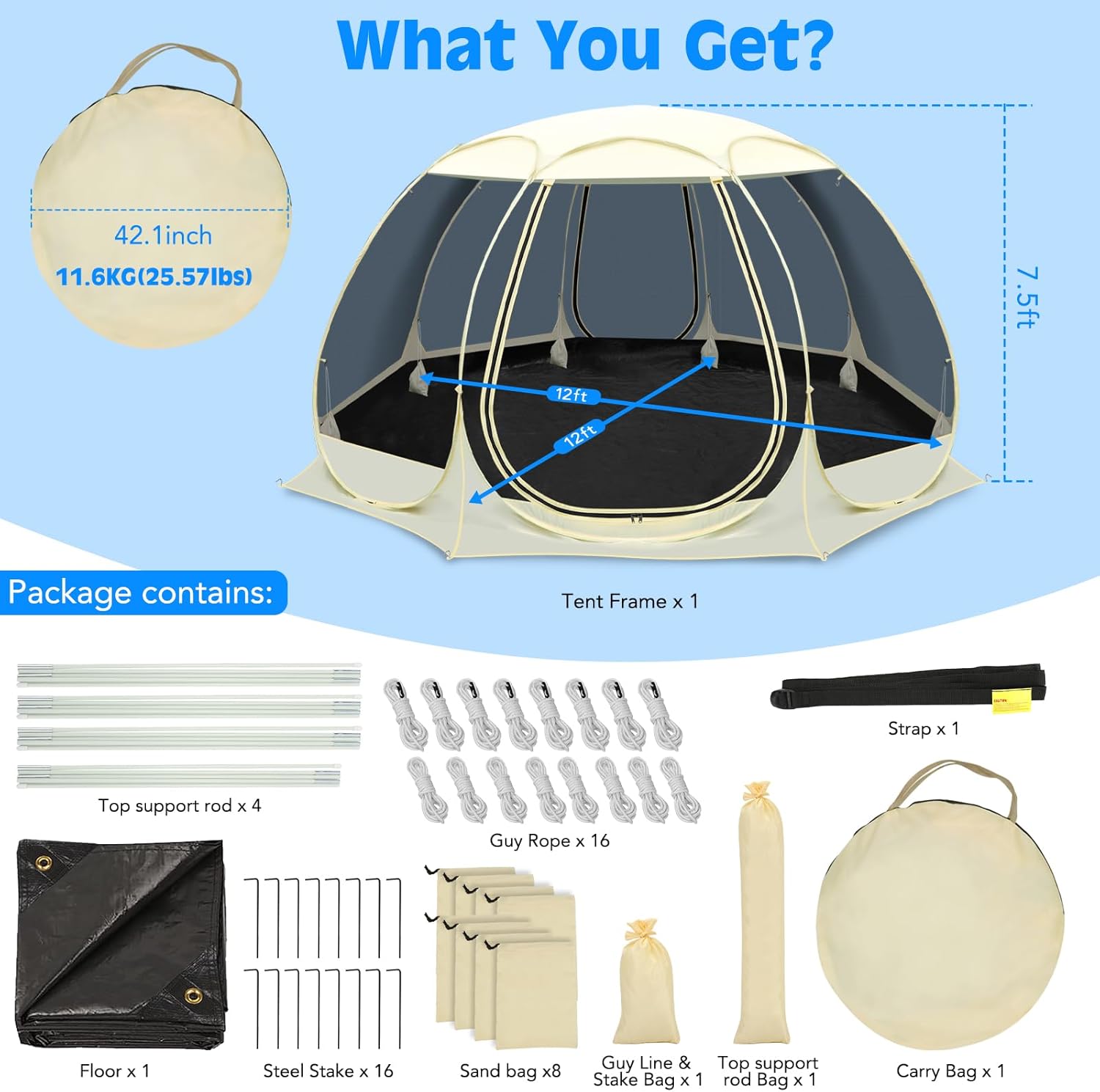 Eapele 12x12FT Pop Up Screen Room Sun Shade Shelter - Canopy Instant Screen House - 8 Sides Netting and 360-Degree Ventilation Screen Tent with Removable Floor Fits 8-10 People