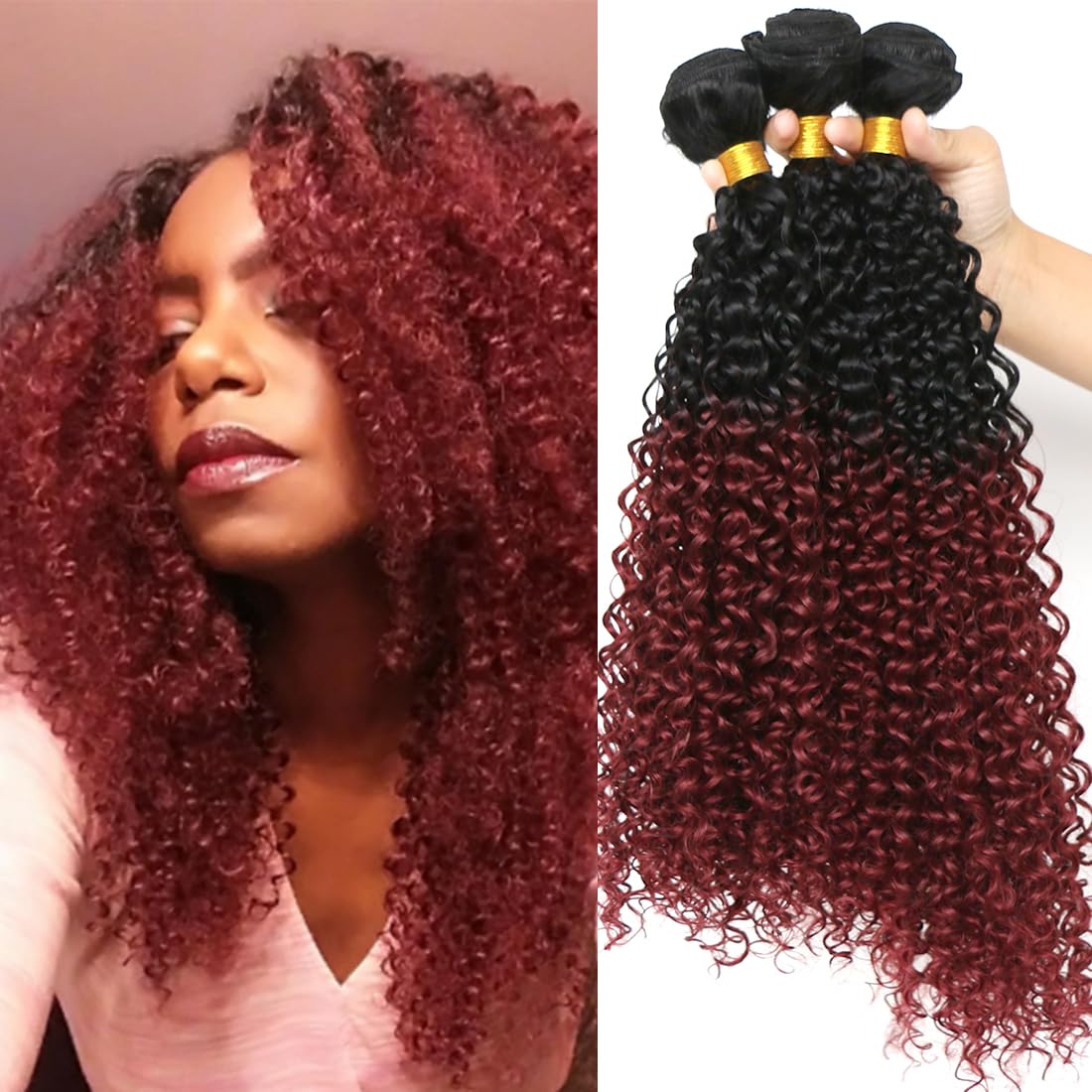 Afro Kinky Curly Synthetic Hair Weave 3 Bundles 18 20 22 Inches Ombre Burgundy Jerry Curly Bundles High Temperature Fiber Hair Extensions for Black