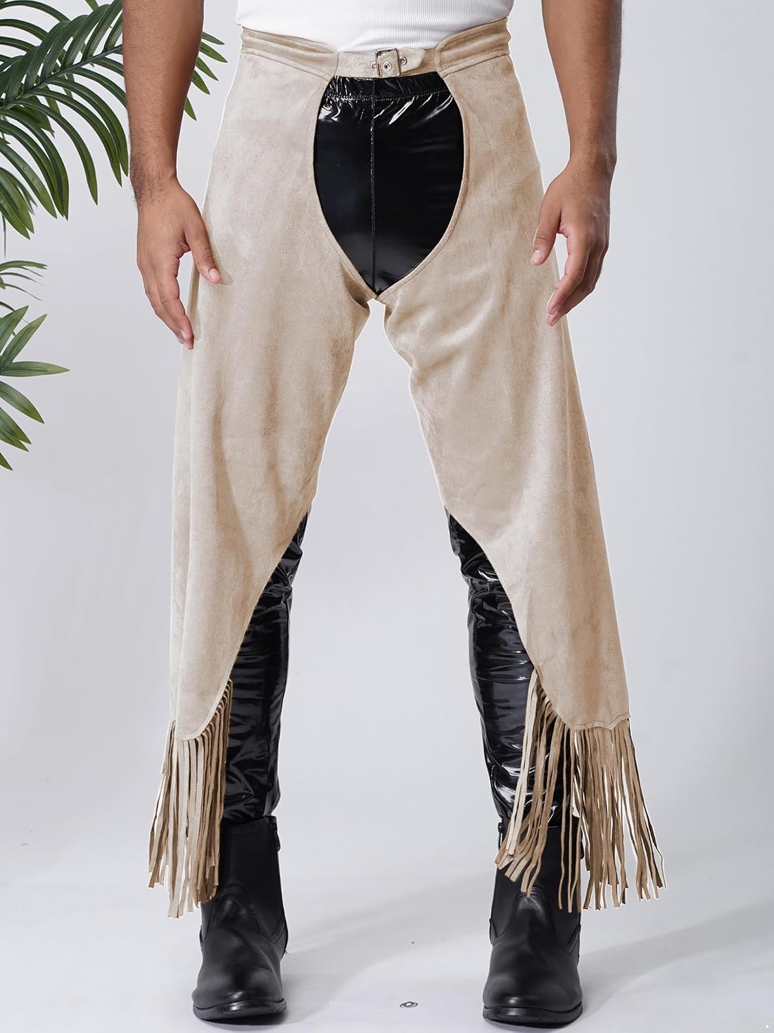 Lejafay Men's Tassel Vintage Cowboy Chaps Layered Fringe Assless Yoke Split Motorcycle Riders Pants