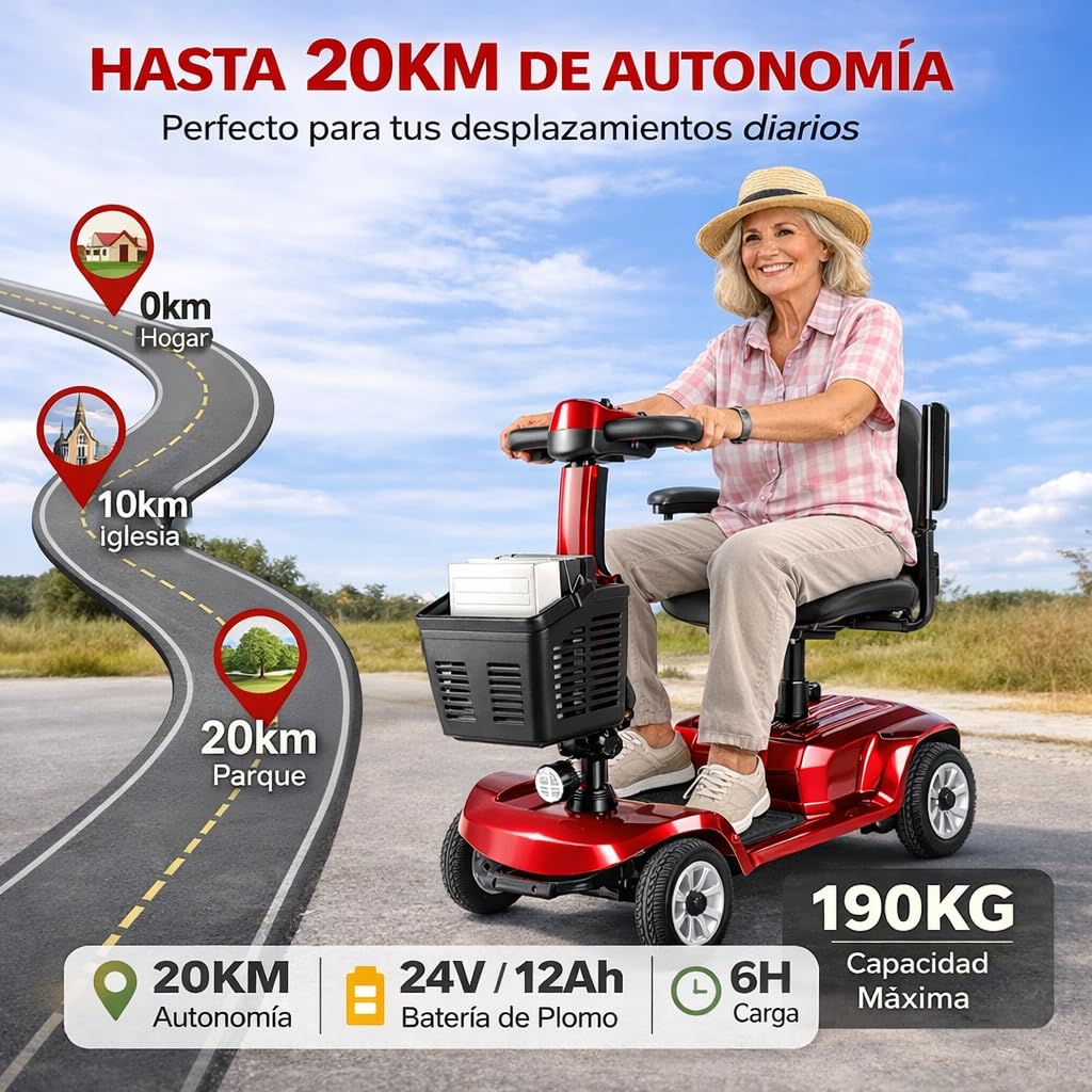 Scooter de Movilidad Eléctrico de 4 Ruedas, Plegable, para Personas Mayores y Movilidad Reducida, Autonomía de hasta 20 km, Neumáticos Antipinchazos, Rojo
