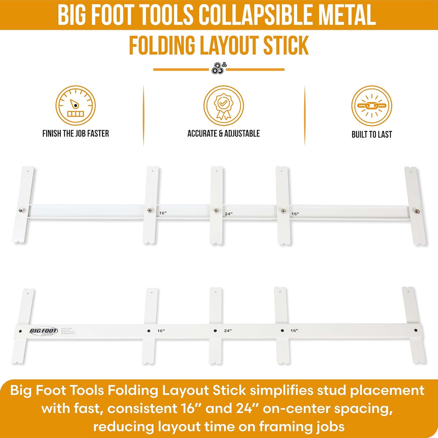 Big Foot Folding Layout Stick – Adjustable Stud Spacing Tool for Framing | Heavy-Duty CNC-Machined Aluminum | Collapsible, Portable Design | Perfect for Carpenters, Contractors & Framers (LA-LSFM)